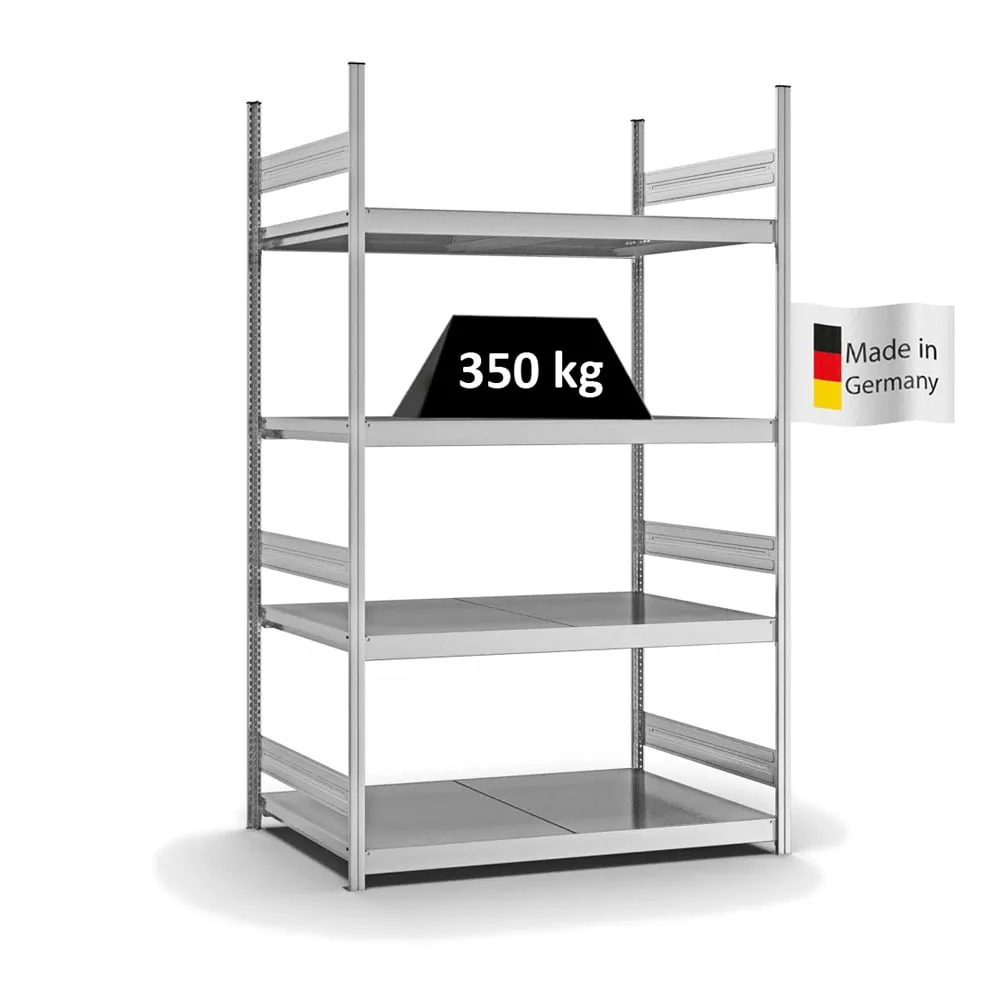 Weitspannregal Stecksystem T-Profil | Grundregal | HxBxT 250x150x80cm | 4 Ebenen | Stahlplatten-Fachboden | Fachlast 350kg | Verzinkt