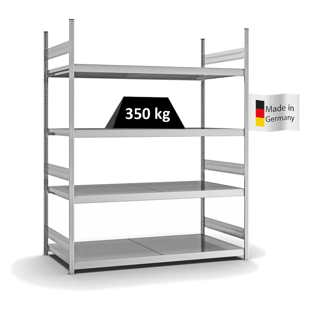 Weitspannregal Stecksystem T-Profil | Grundregal | HxBxT 250x200x80cm | 4 Ebenen | Stahlplatten-Fachboden | Fachlast 350kg | Verzinkt