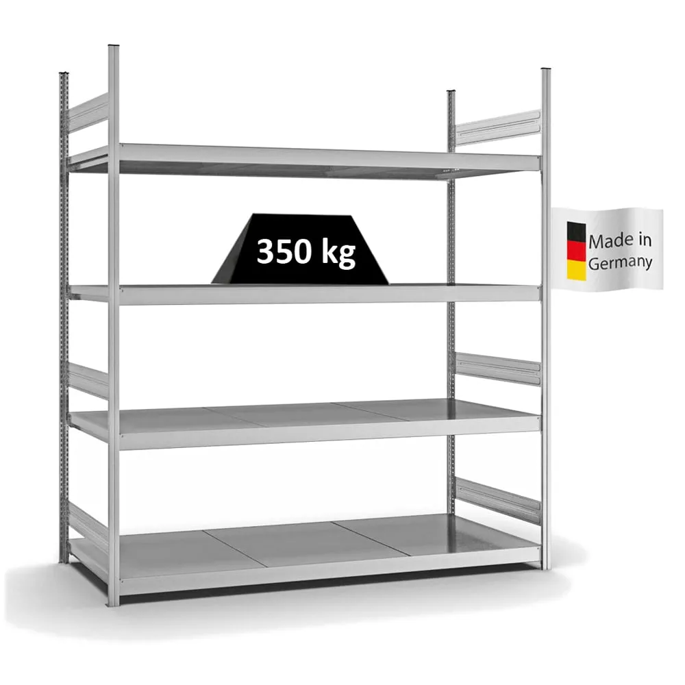 Weitspannregal Stecksystem T-Profil | Grundregal | HxBxT 250x225x80cm | 4 Ebenen | Stahlplatten-Fachboden | Fachlast 350kg | Verzinkt