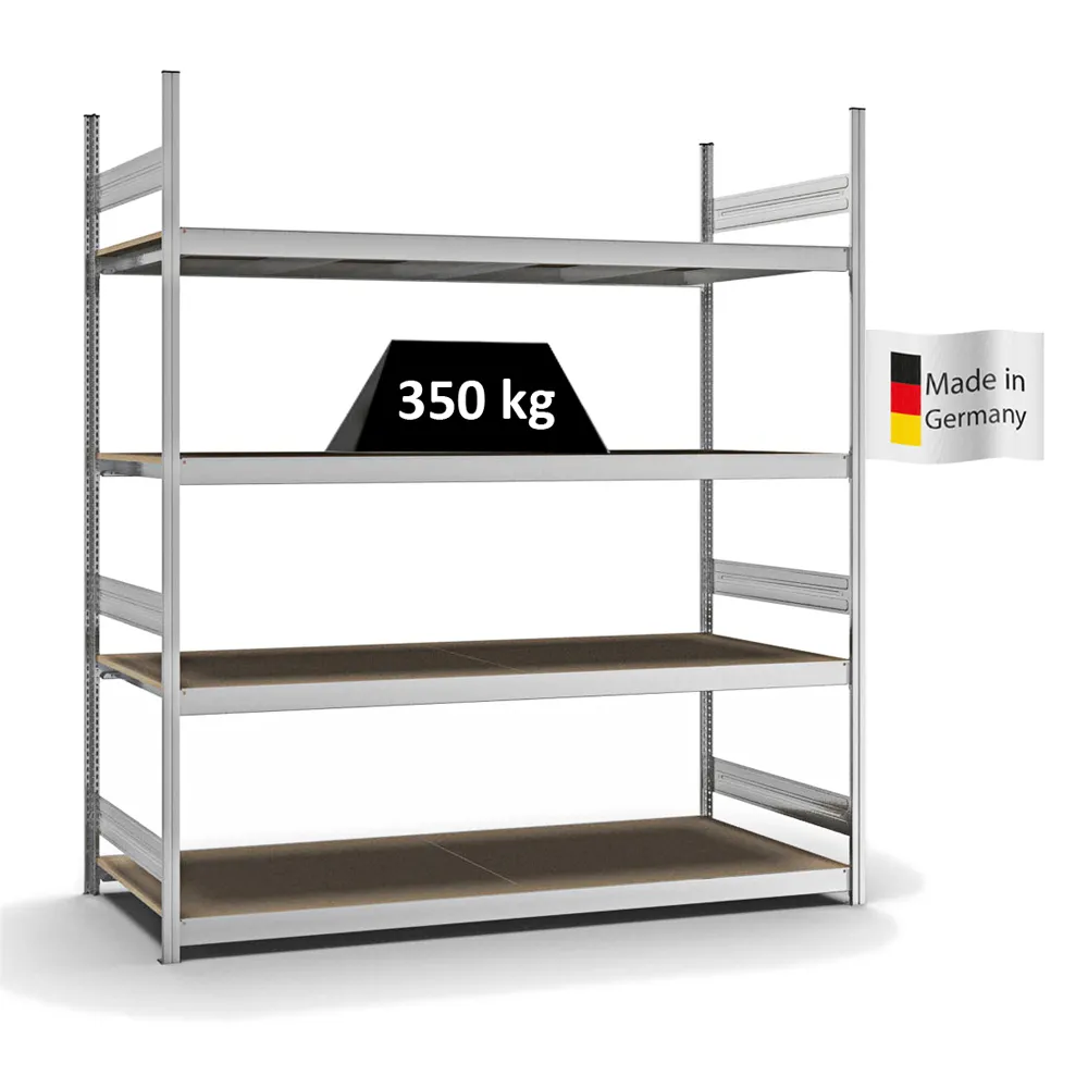 Weitspannregal Stecksystem T-Profil | Grundregal | HxBxT 250x225x80cm | 4 Ebenen | Spanplatten-Fachboden | Fachlast 350kg | Verzinkt