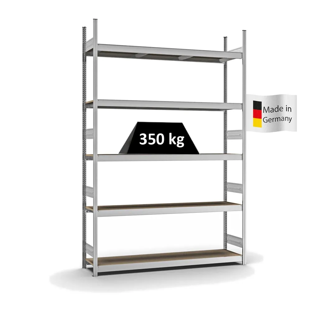 Weitspannregal Stecksystem T-Profil | Grundregal | HxBxT 300x200x40cm | 5 Ebenen | Spanplatten-Fachboden | Fachlast 350kg | Verzinkt