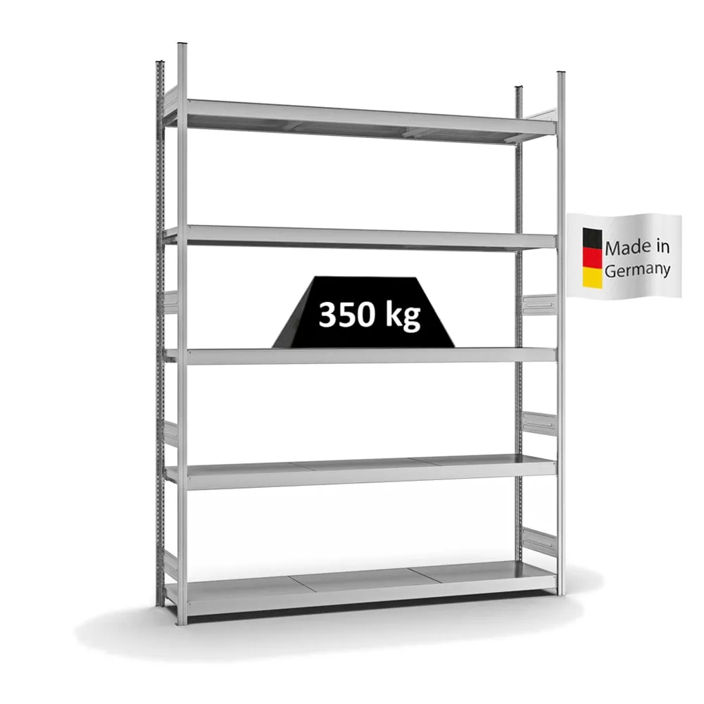 Weitspannregal Stecksystem T-Profil | Grundregal | HxBxT 300x225x40cm | 5 Ebenen | Stahlplatten-Fachboden | Fachlast 350kg | Verzinkt