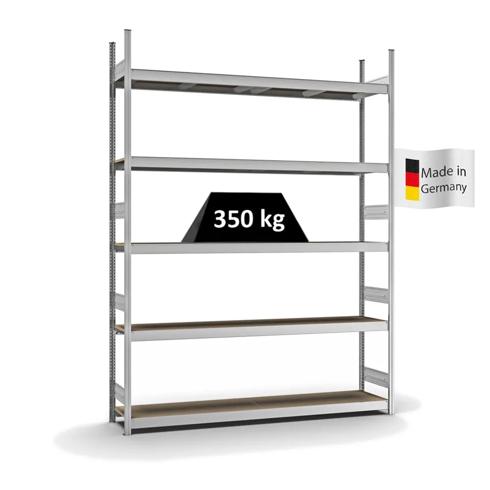 Weitspannregal Stecksystem T-Profil | Grundregal | HxBxT 300x225x40cm | 5 Ebenen | Spanplatten-Fachboden | Fachlast 350kg | Verzinkt