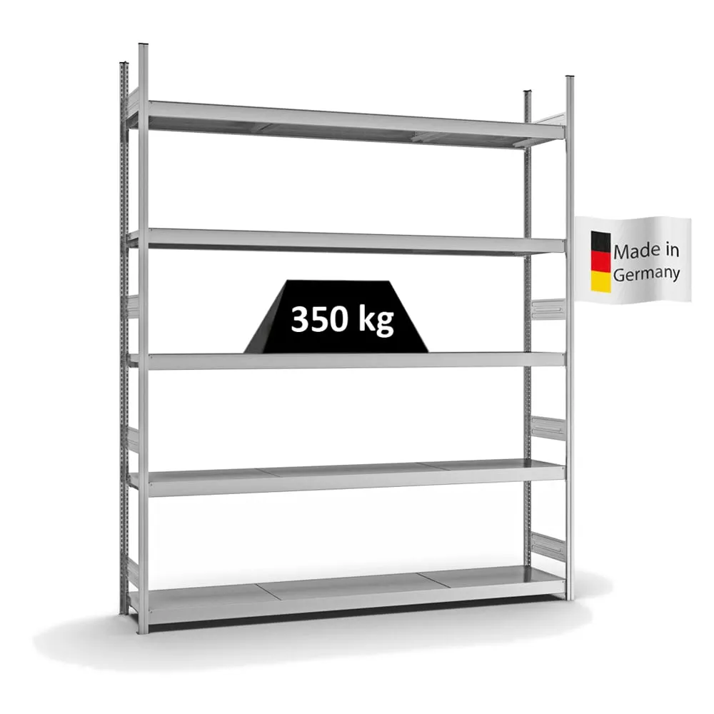 Weitspannregal Stecksystem T-Profil | Grundregal | HxBxT 300x250x40cm | 5 Ebenen | Stahlplatten-Fachboden | Fachlast 350kg | Verzinkt