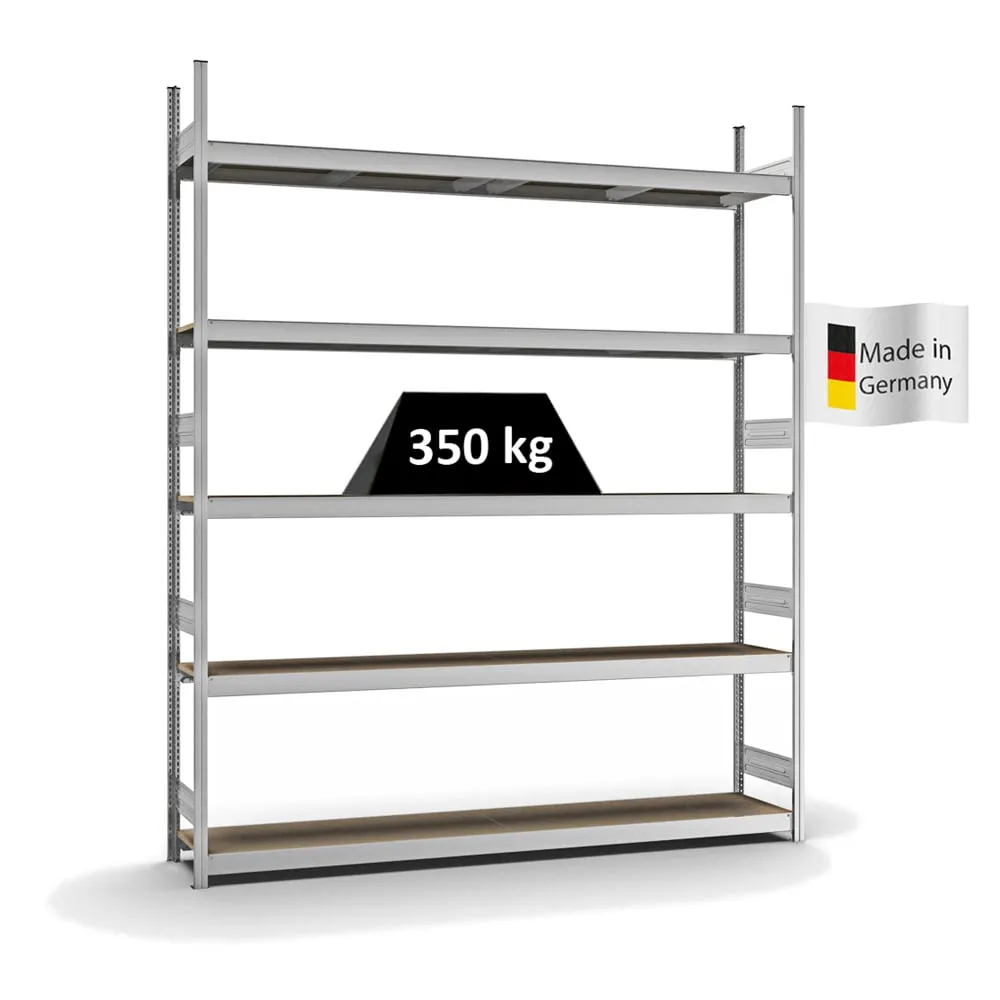 Weitspannregal Stecksystem T-Profil | Grundregal | HxBxT 300x250x40cm | 5 Ebenen | Spanplatten-Fachboden | Fachlast 350kg | Verzinkt