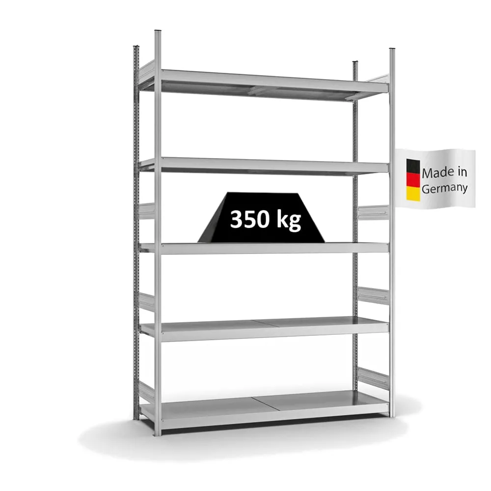 Weitspannregal Stecksystem T-Profil | Grundregal | HxBxT 300x200x50cm | 5 Ebenen | Stahlplatten-Fachboden | Fachlast 350kg | Verzinkt