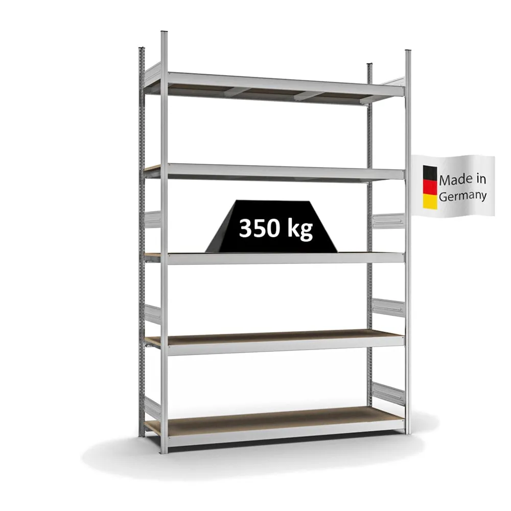 Weitspannregal Stecksystem T-Profil | Grundregal | HxBxT 300x200x50cm | 5 Ebenen | Spanplatten-Fachboden | Fachlast 350kg | Verzinkt