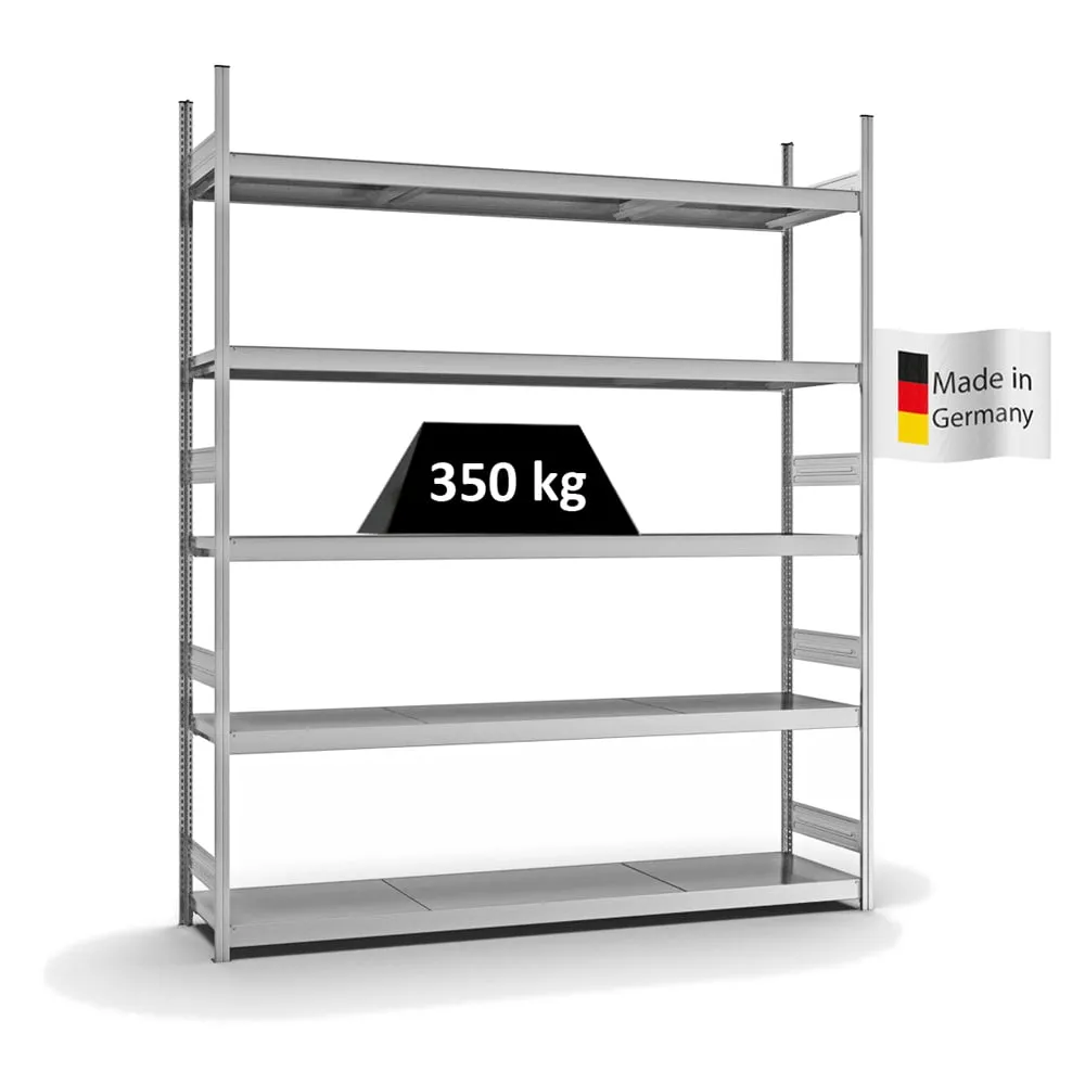 Weitspannregal Stecksystem T-Profil | Grundregal | HxBxT 300x250x50cm | 5 Ebenen | Stahlplatten-Fachboden | Fachlast 350kg | Verzinkt