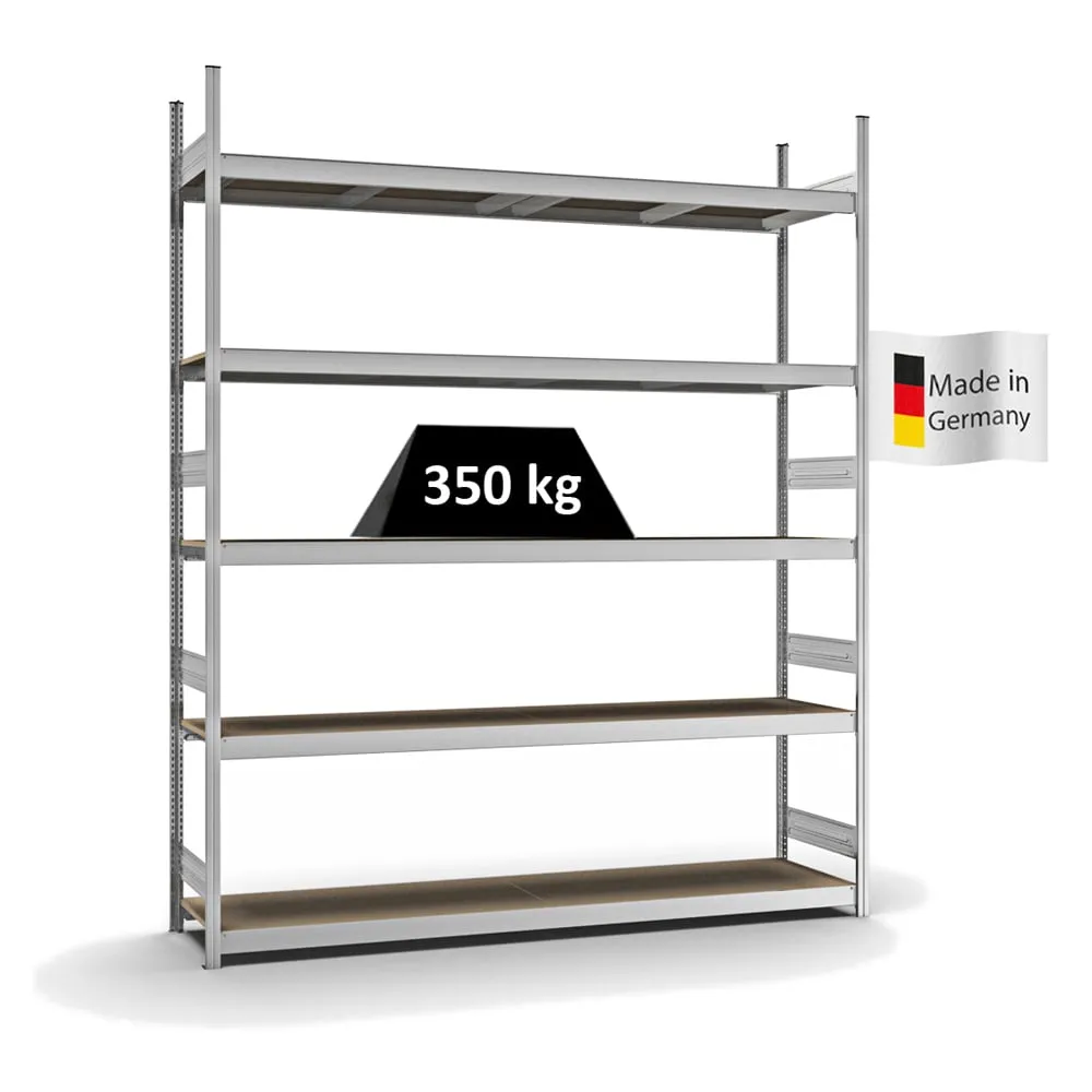 Weitspannregal Stecksystem T-Profil | Grundregal | HxBxT 300x250x50cm | 5 Ebenen | Spanplatten-Fachboden | Fachlast 350kg | Verzinkt