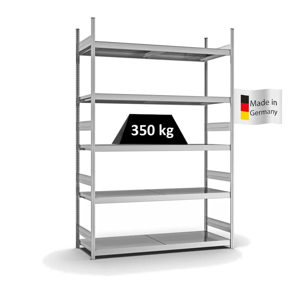 Weitspannregal Stecksystem T-Profil | Grundregal | HxBxT 300x200x60cm | 5 Ebenen | Stahlplatten-Fachboden | Fachlast 350kg | Verzinkt