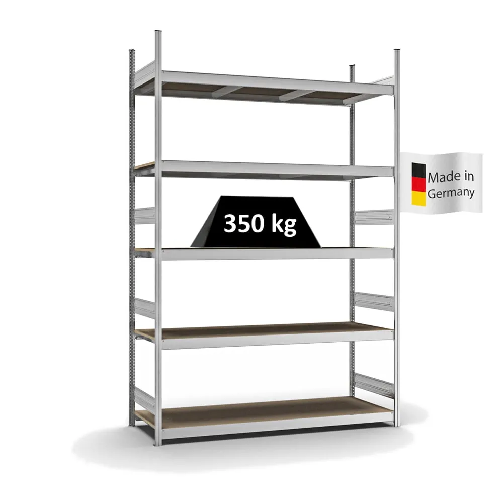 Weitspannregal Stecksystem T-Profil | Grundregal | HxBxT 300x200x60cm | 5 Ebenen | Spanplatten-Fachboden | Fachlast 350kg | Verzinkt