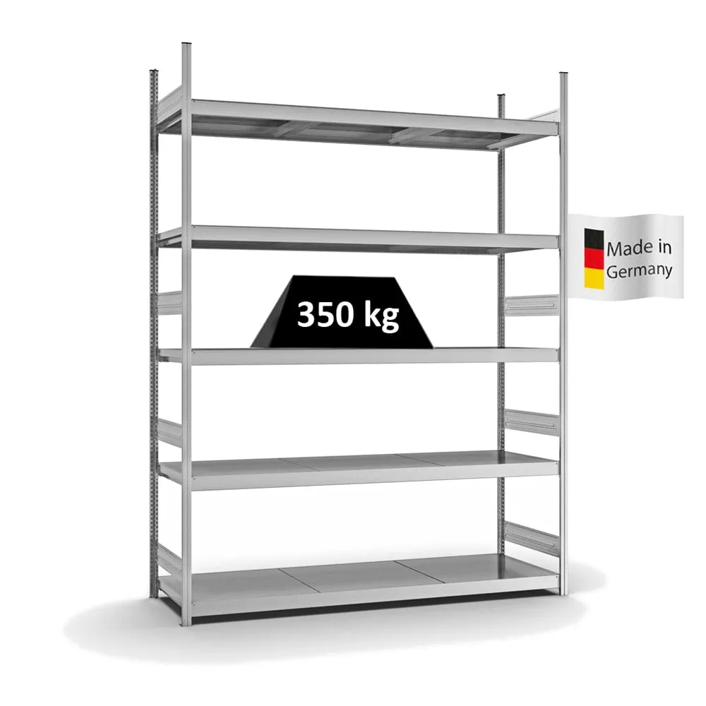 Weitspannregal Stecksystem T-Profil | Grundregal | HxBxT 300x225x60cm | 5 Ebenen | Stahlplatten-Fachboden | Fachlast 350kg | Verzinkt
