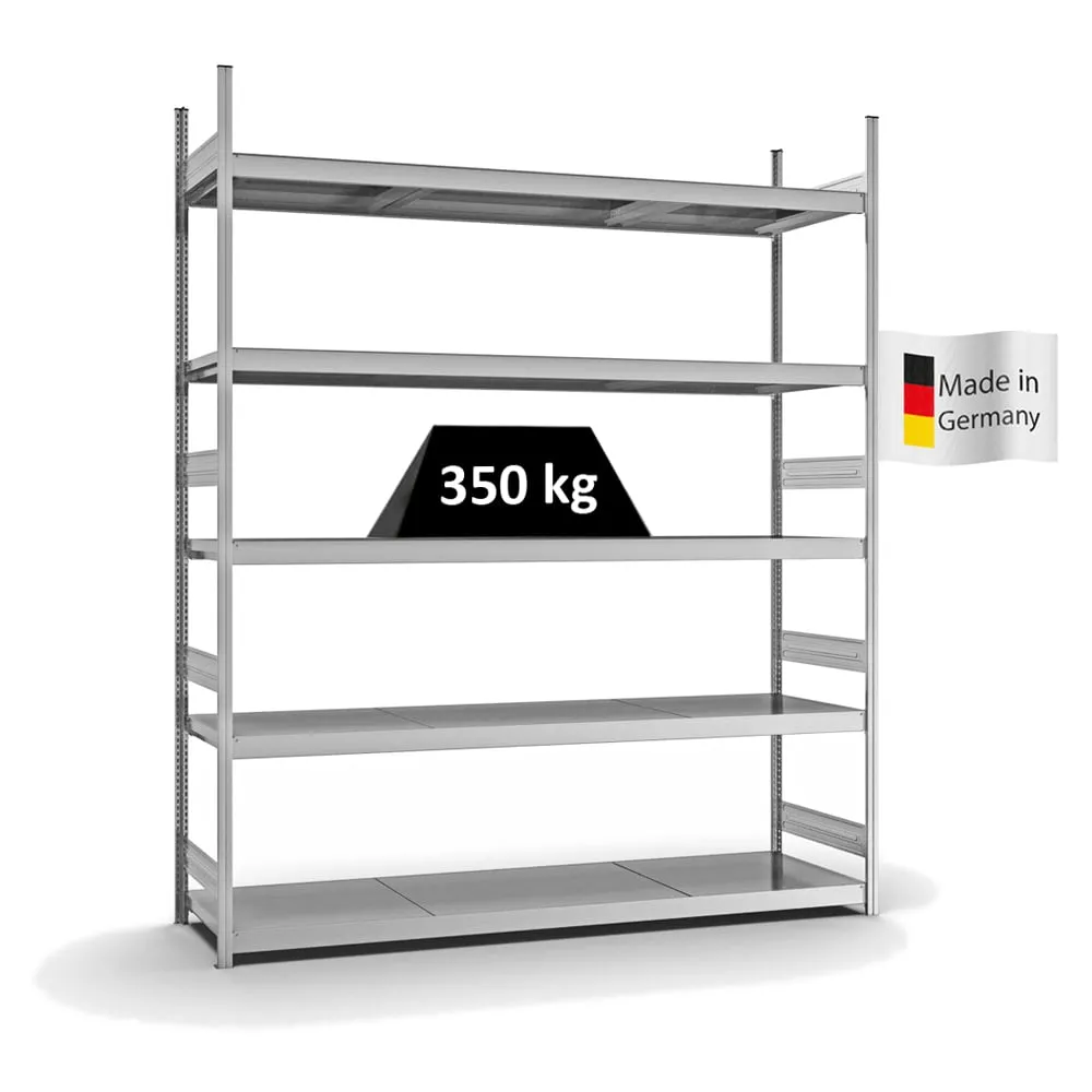 Weitspannregal Stecksystem T-Profil | Grundregal | HxBxT 300x250x60cm | 5 Ebenen | Stahlplatten-Fachboden | Fachlast 350kg | Verzinkt