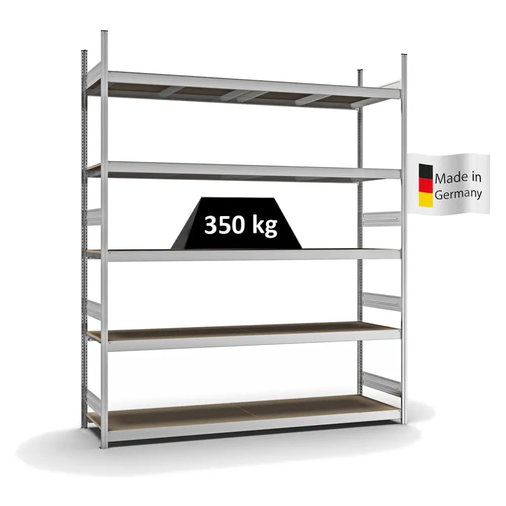 Weitspannregal Stecksystem T-Profil | Grundregal | HxBxT 300x250x60cm | 5 Ebenen | Spanplatten-Fachboden | Fachlast 350kg | Verzinkt