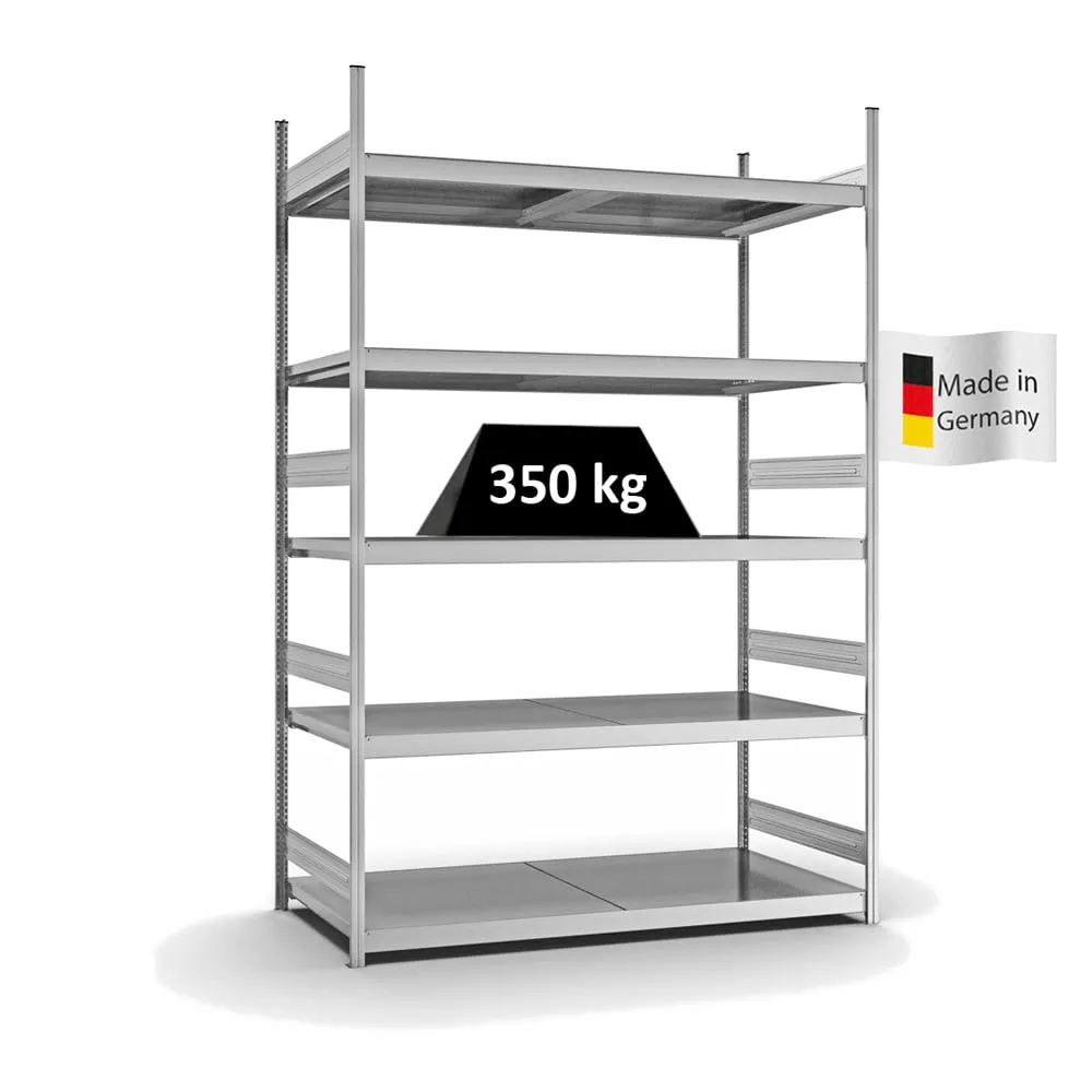 Weitspannregal Stecksystem T-Profil | Grundregal | HxBxT 300x200x80cm | 5 Ebenen | Stahlplatten-Fachboden | Fachlast 350kg | Verzinkt