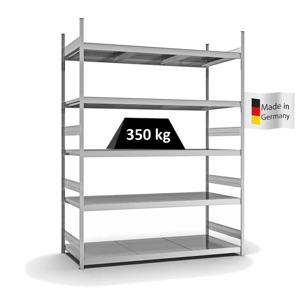 Weitspannregal Stecksystem T-Profil | Grundregal | HxBxT 300x225x80cm | 5 Ebenen | Stahlplatten-Fachboden | Fachlast 350kg | Verzinkt