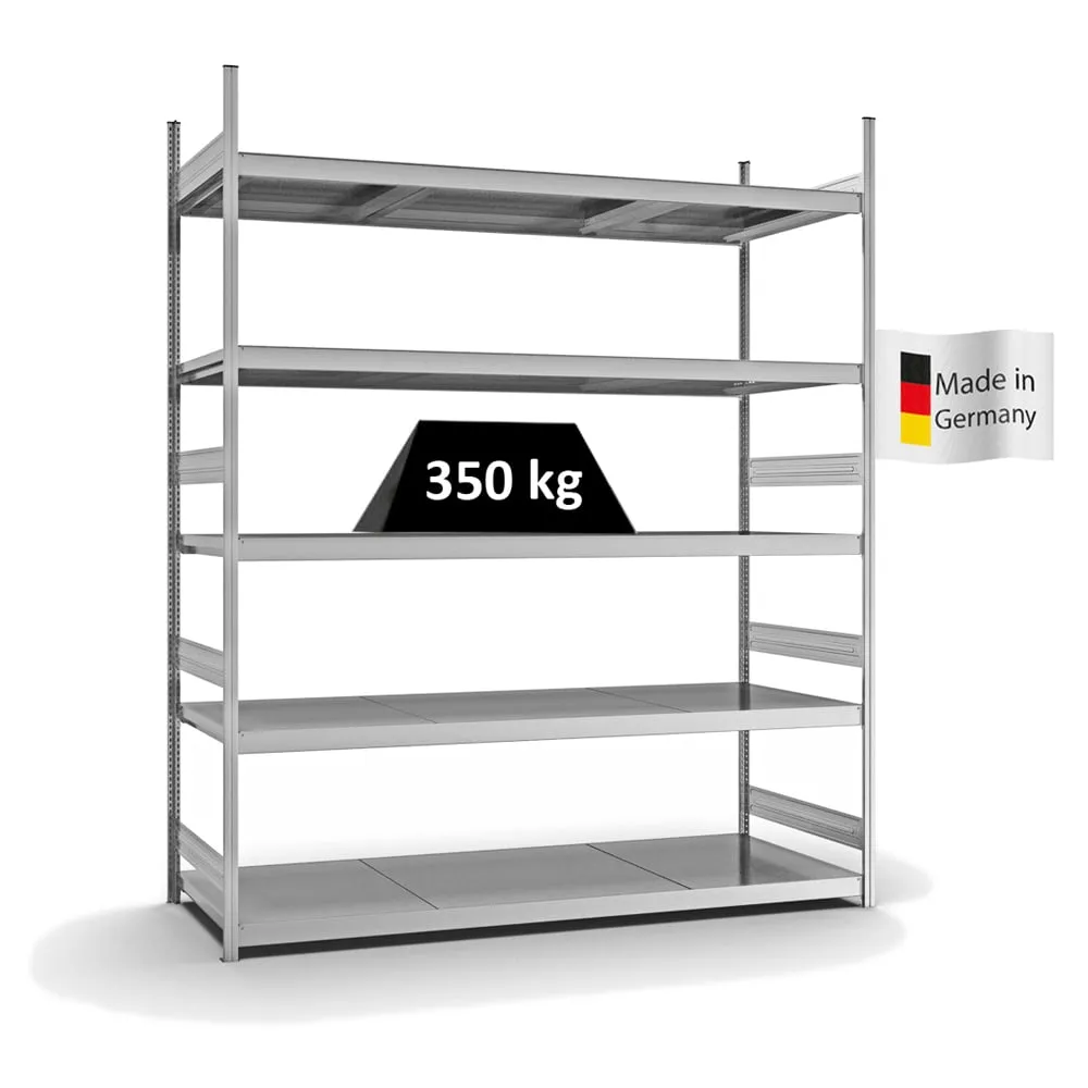 Weitspannregal Stecksystem T-Profil | Grundregal | HxBxT 300x250x80cm | 5 Ebenen | Stahlplatten-Fachboden | Fachlast 350kg | Verzinkt