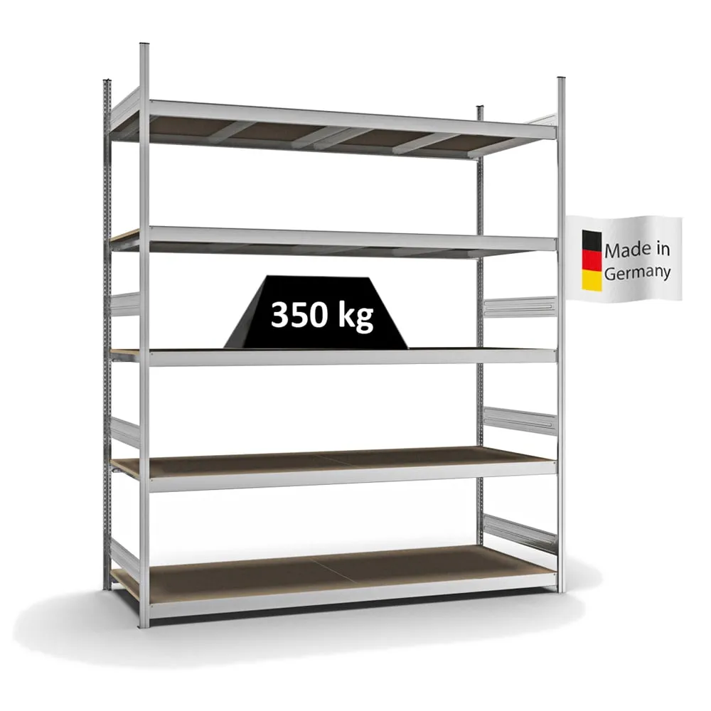 Weitspannregal Stecksystem T-Profil | Grundregal | HxBxT 300x250x80cm | 5 Ebenen | Spanplatten-Fachboden | Fachlast 350kg | Verzinkt