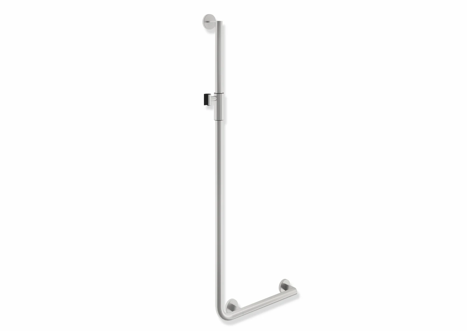 Winkelgriff mit Brausehalter, Edelstahl, schliff, waagerechte Länge 450 mm, senkrechte Länge 1250 mm, D: 32 mm, Ausführung rechts, mit magnetischem Brausehalter