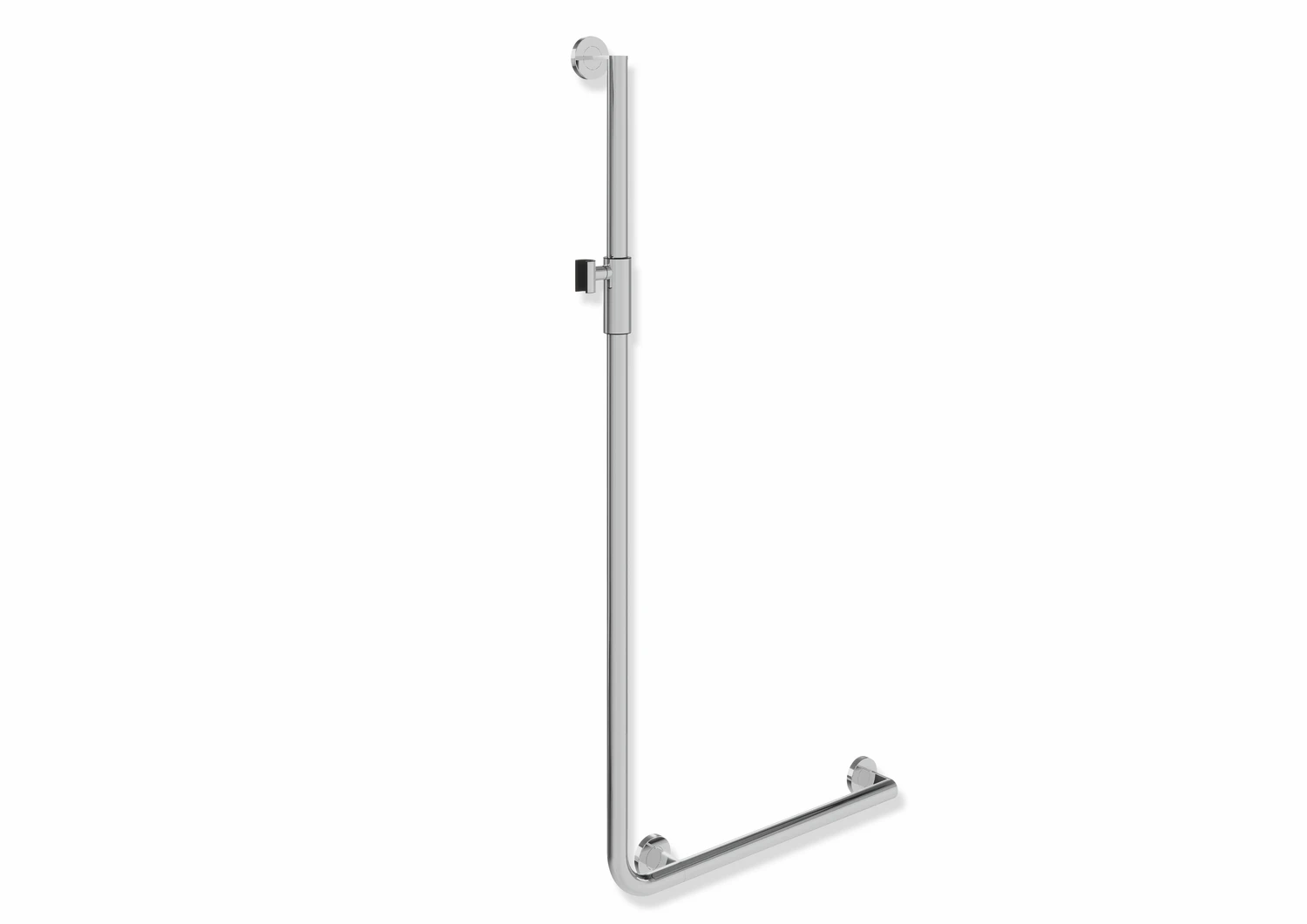 Winkelgriff mit Brausehalter, Edelstahl, verchromt, waagerechte Länge 600 mm, senkrechte Länge 1250 mm, D: 32 mm, Ausführung rechts, mit magnetischem Brausehalter