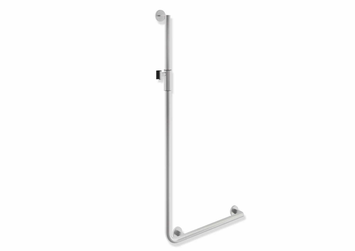 Winkelgriff mit Brausehalter, Edelstahl, schliff, waagerechte Länge 600 mm, senkrechte Länge 1250 mm, D: 32 mm, Ausführung rechts, mit magnetischem Brausehalter