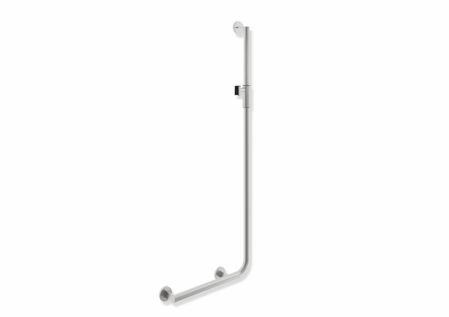 Winkelgriff mit Brausehalter, Edelstahl, schliff, waagerechte Länge 450 mm, senkrechte Länge 1250 mm, D: 32 mm, Ausführung links, mit magnetischem Brausehalter