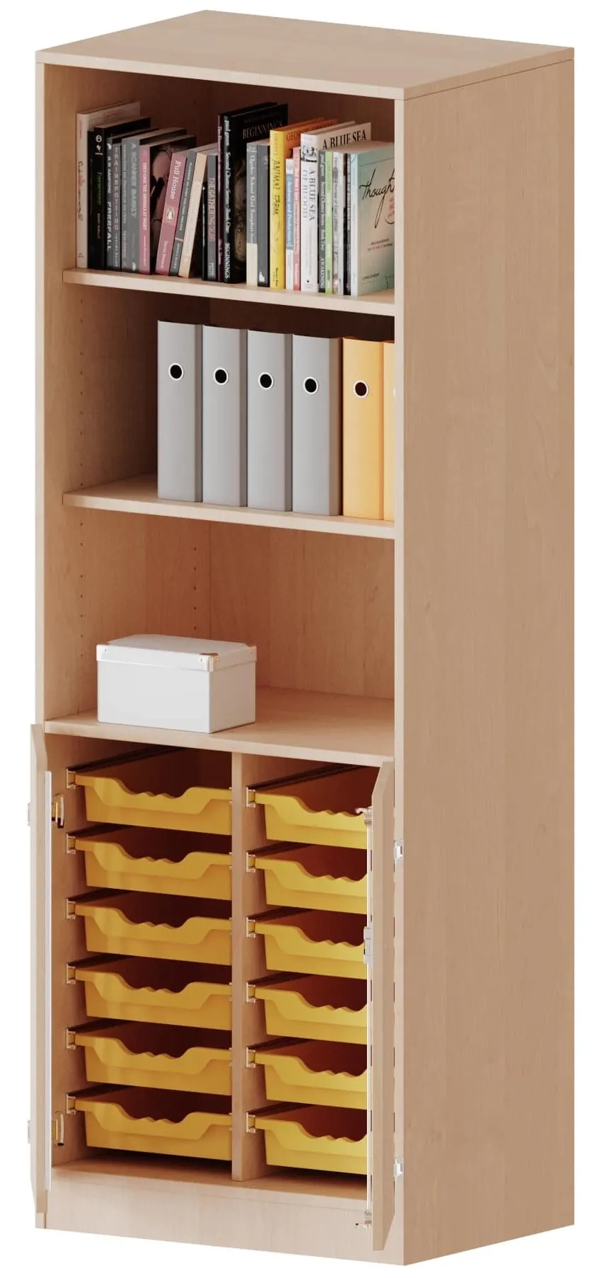 Kombischrank mit 12 flachen ErgoTray Boxen und 3 oder 6 offenen Fächern, Breite 70,3 cm - EVO180 Serie