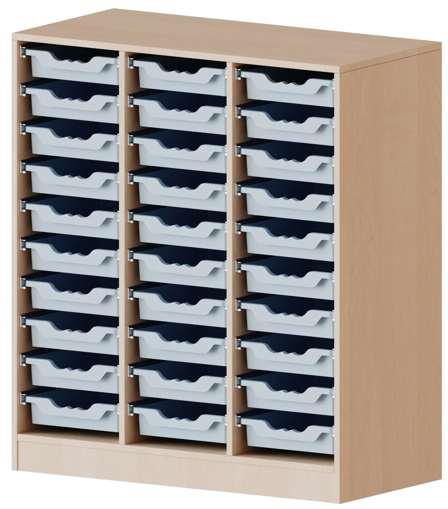 Regal dreireihig mit 30 flachen ErgoTray Boxen, B/H 104,5 x 118 cm - EVO180 Serie