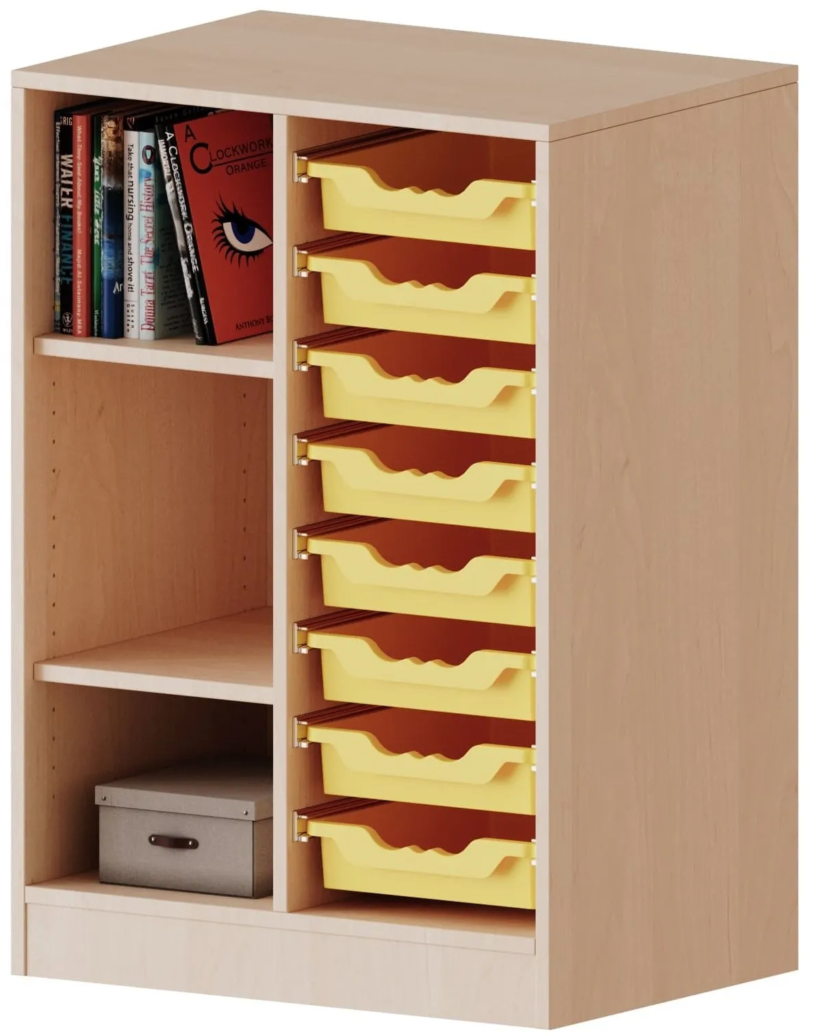 Regal mit 8 flachen ErgoTray Boxen und 3 offenen Fächern, B/H 70,3 x 100 cm - EVO180 Serie