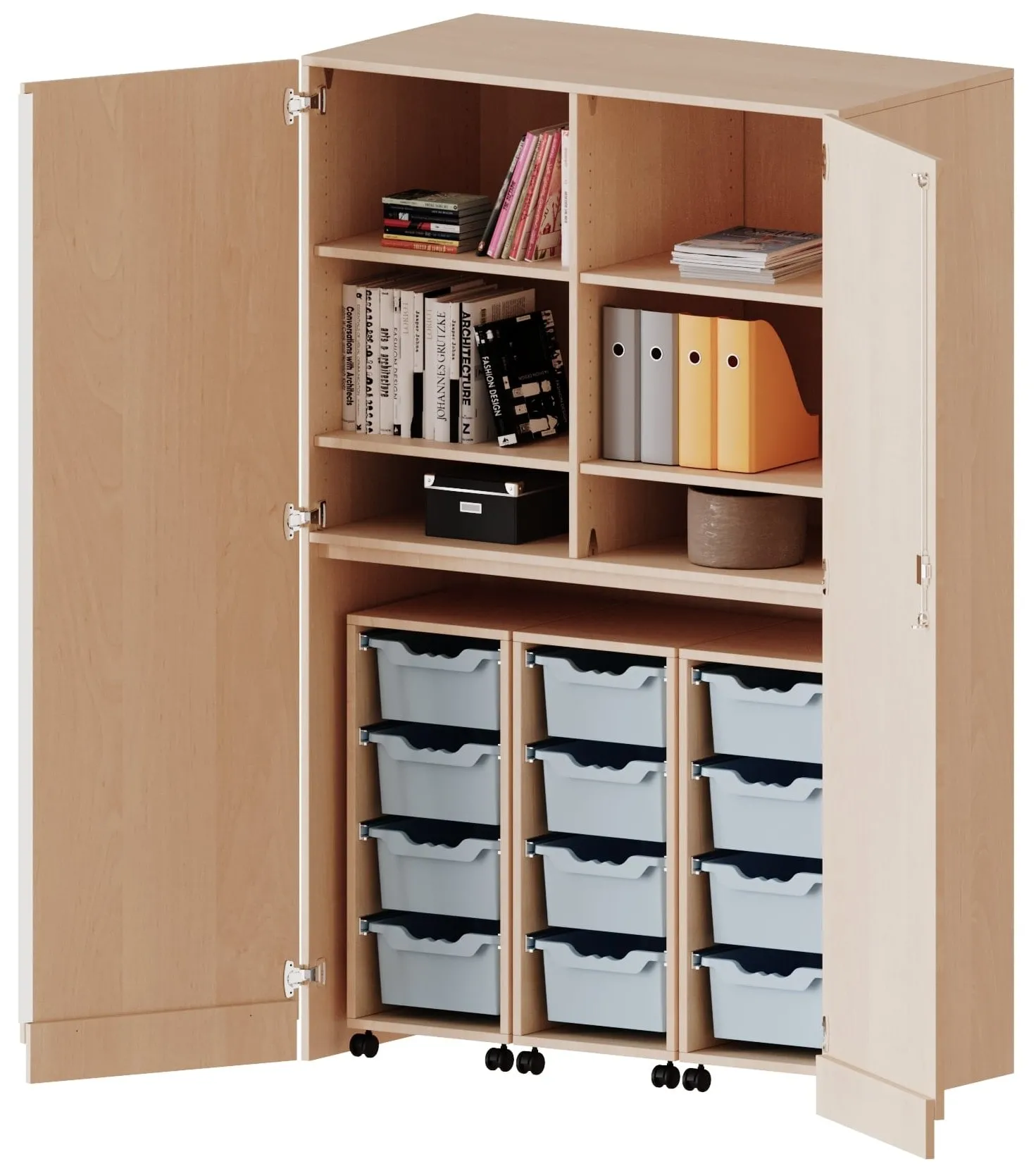 Garagenschrank mit 12 hohen ErgoTray Boxen und 4 Einlegeböden, B/H/T 120 x 190 x 60 cm - EVO180 Serie