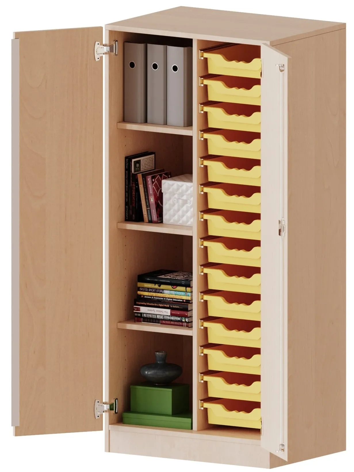 Schrank zweireihig mit 14 flachen ErgoTray Boxen und 4 Fächern, B/H/T 70,3 x 154 x 50 cm - EVO180 Serie