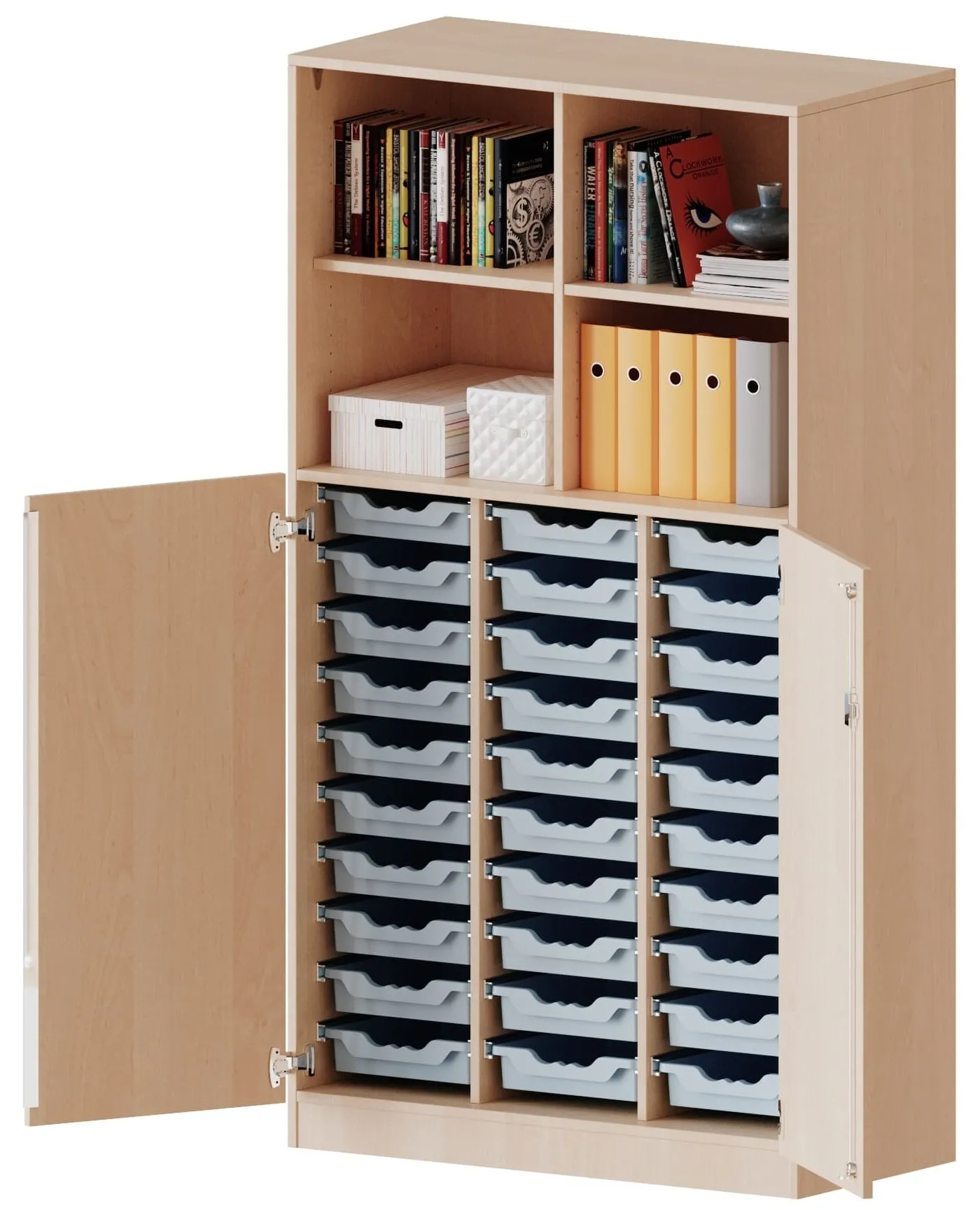 Kombischrank mit 30 flachen ErgoTray Boxen und 4 oder 6 offenen Fächern, Breite 104,5 cm - EVO180 Serie