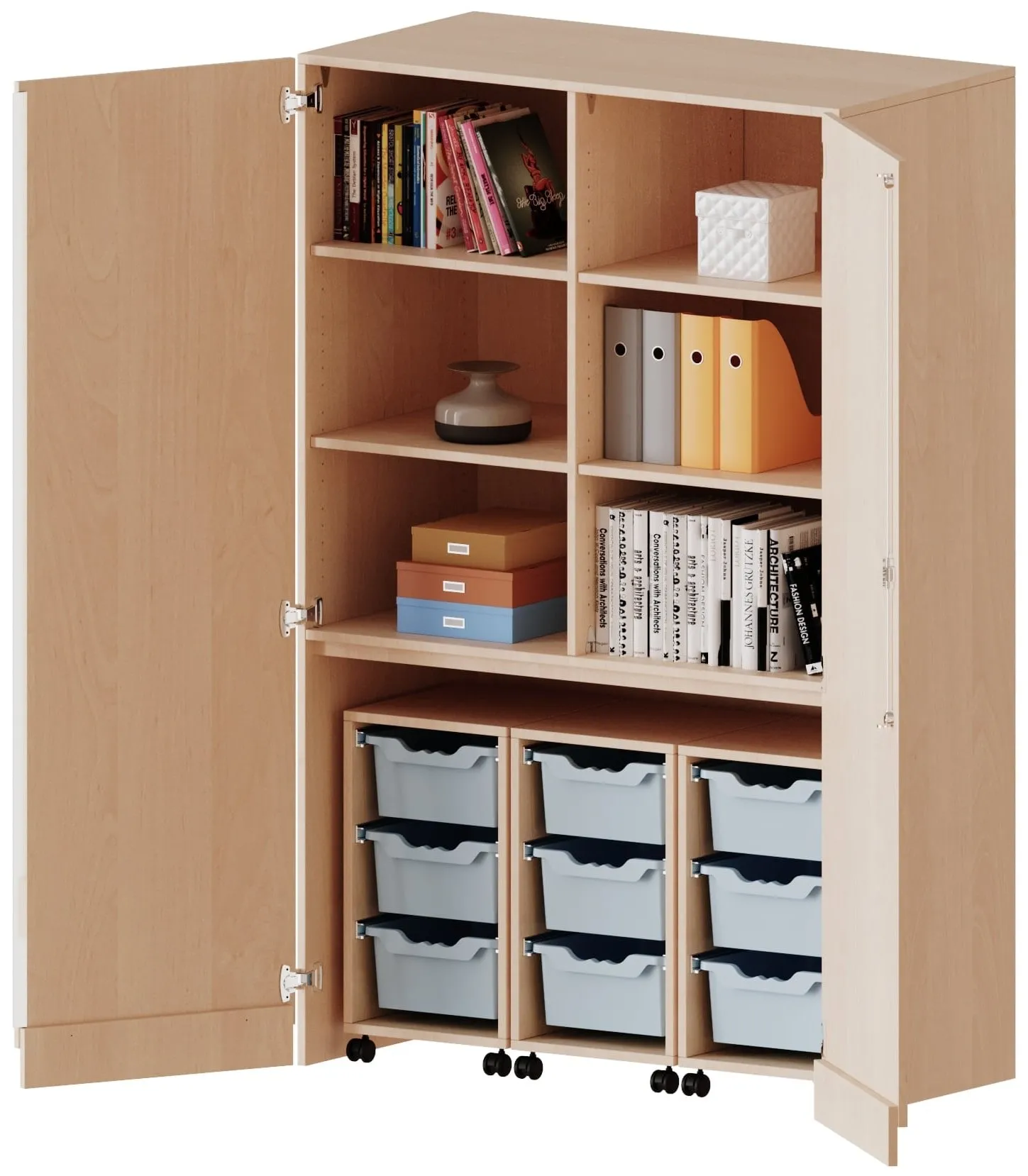 Garagenschrank mit 9 ErgoTray Boxen und 4 Einlegeböden, B/H/T 120 x 190 x 60 cm - EVO180 Serie