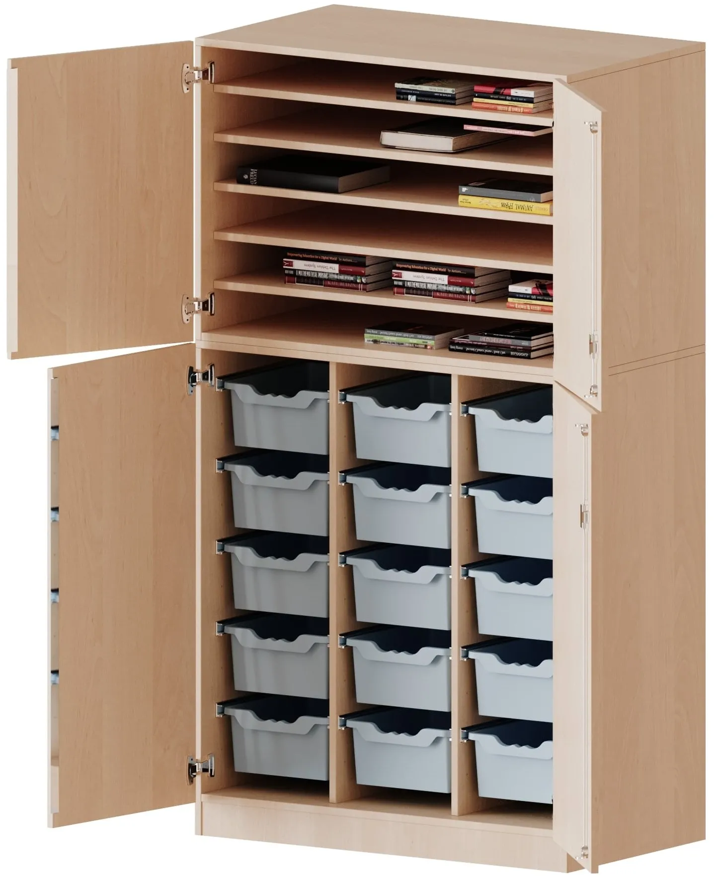 Bastelschrank mit 6 Papierablagen und 15 ErgoTray Boxen, geteilte Türen - EVO180 Serie