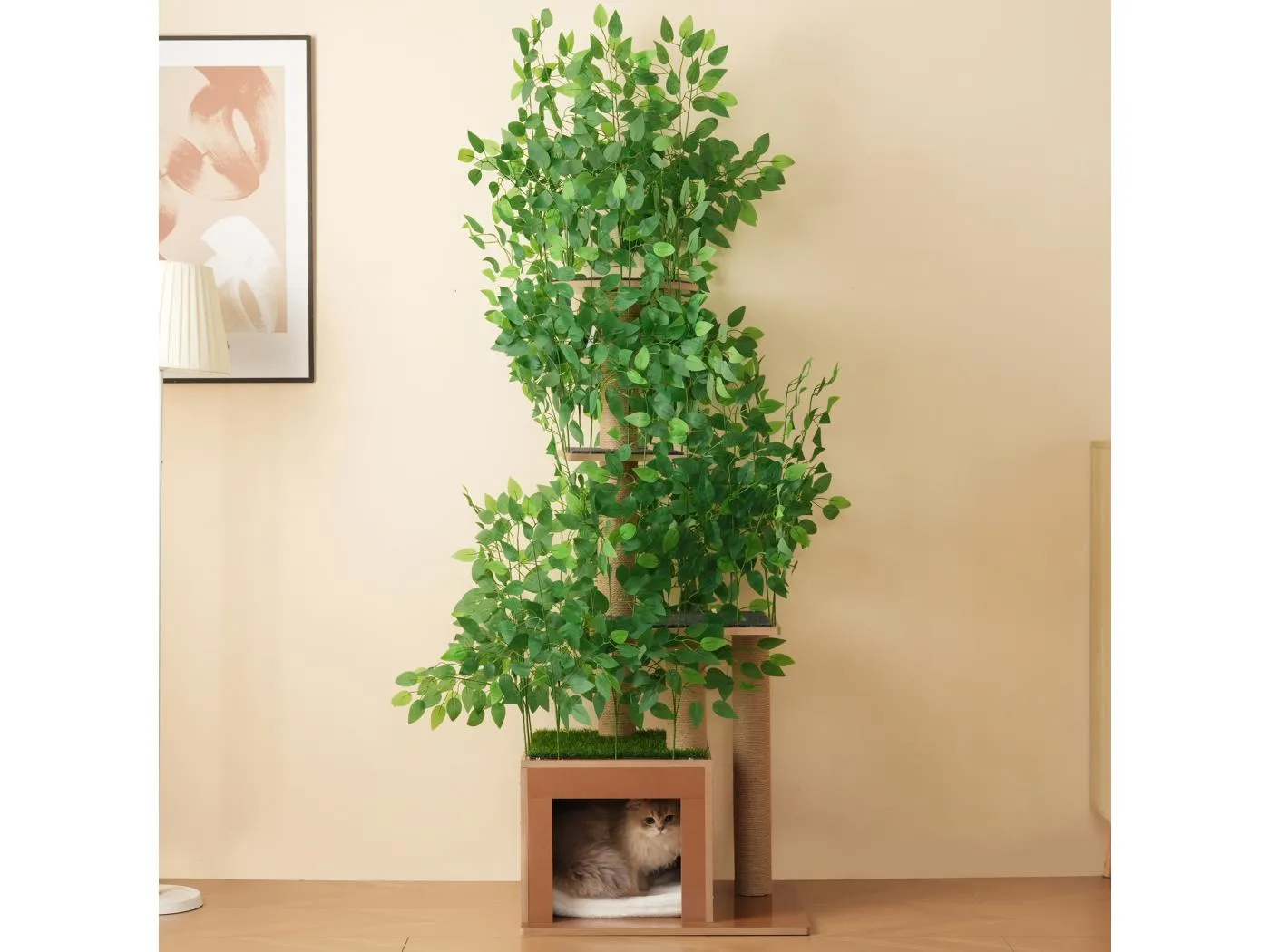 Kratzbaum – 60 x 45 x 190 cm – mit 4 Plattformen + Katzenhöhlen – abnehmbaren Blättern – MDF – Grün