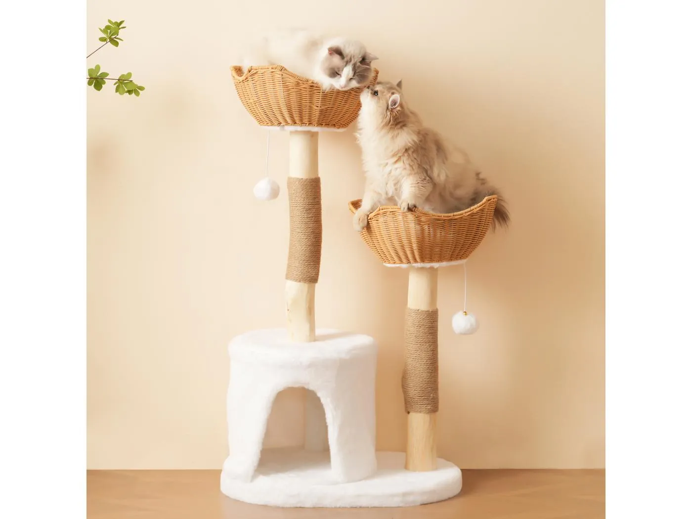 Kratzbaum – 60 x 42 x 108 cm – mit 2 Körben + 1 Höhle + Plüschball + dickem Kissen – Holz – Helles Natur