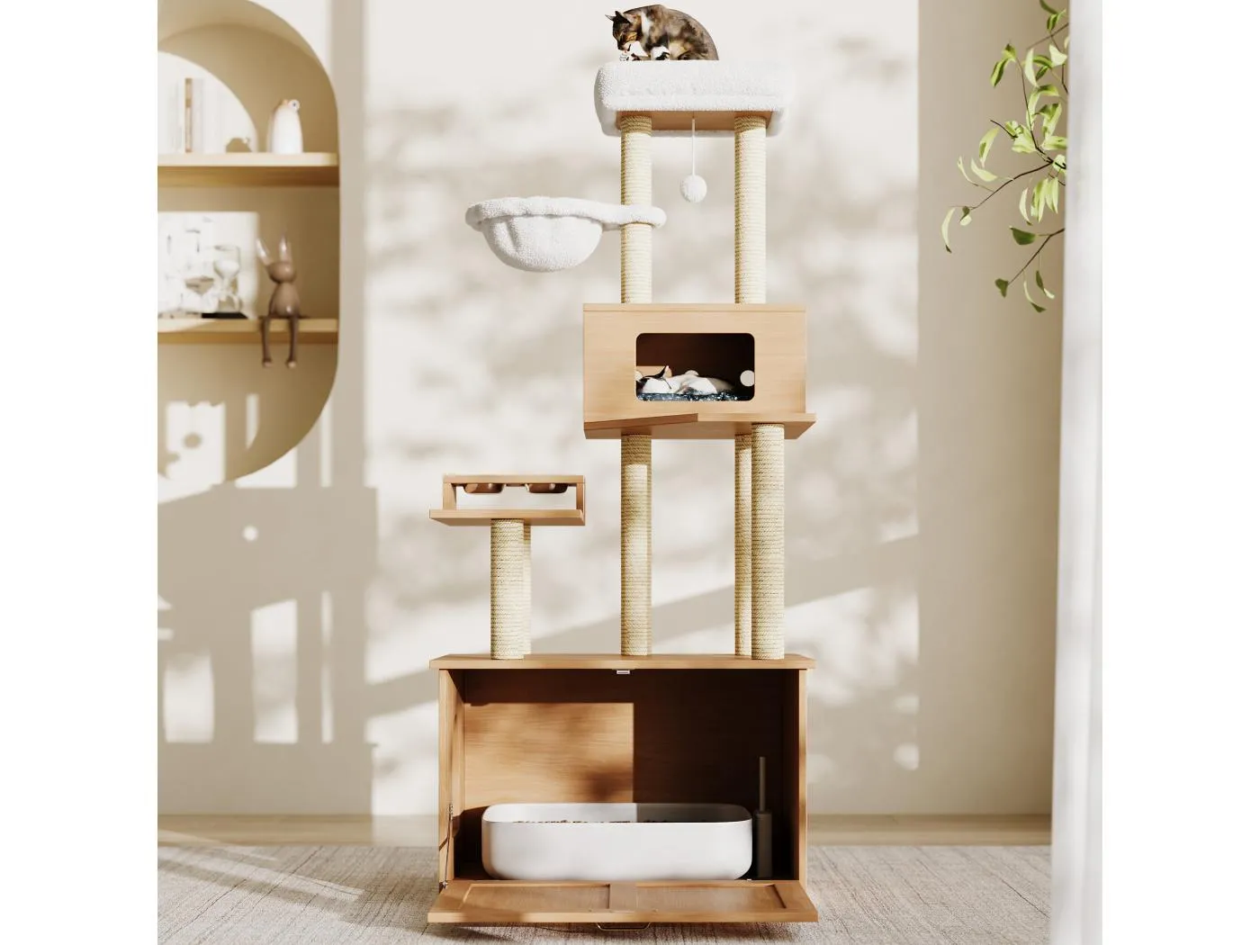 Kratzbaum - 80 x 50 x 170 cm - mit Plattform + Futternapf + 1 Hängematte - MDF - natur