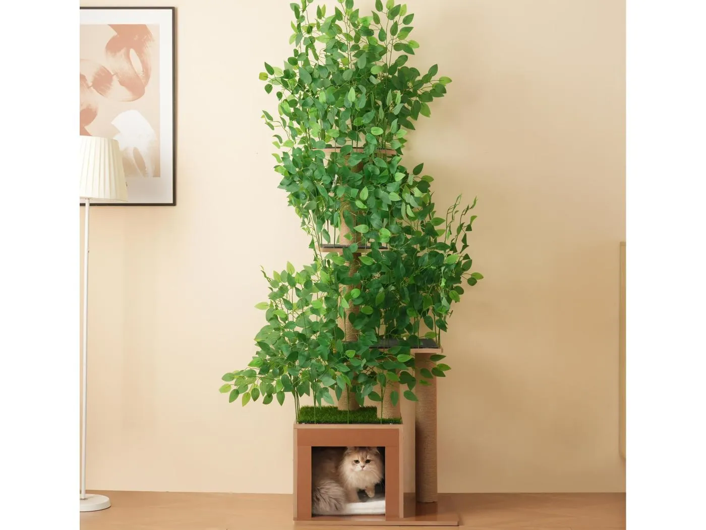 Kratzbaum 190 cm hoch - mit 4 Plattformen und 1 Katzenloch - abnehmbare Lamellen - grün