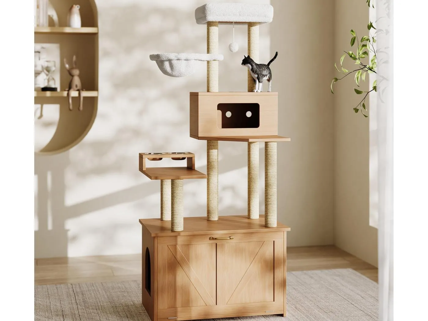 Kratzbaum 80x50x173 cm - mit Kratzbrett und Katzenhaus - mit 2 Näpfen - Katzentoilette - 1 Hängematte - natur