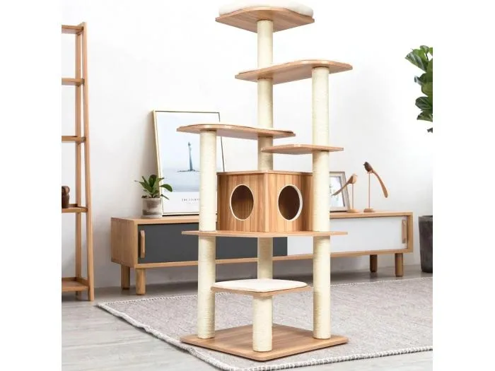 175cm Katzenbaum 6-stufiger Katzenkratzbaum Holz Kratzbaum Spielhaus mit Höhle und 5 Matten