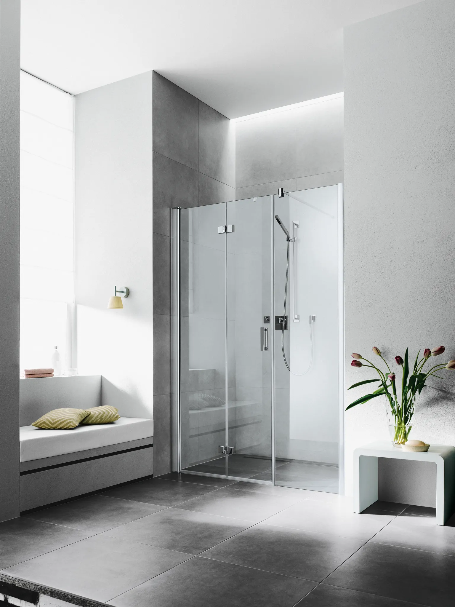 Kermi Pendel-Falttür mit Festfeld rechts „Diga“ Glas Klar, Falttür BV: 980 - 1020 mm WE: 980 - 1020 mm H: 1850 mm