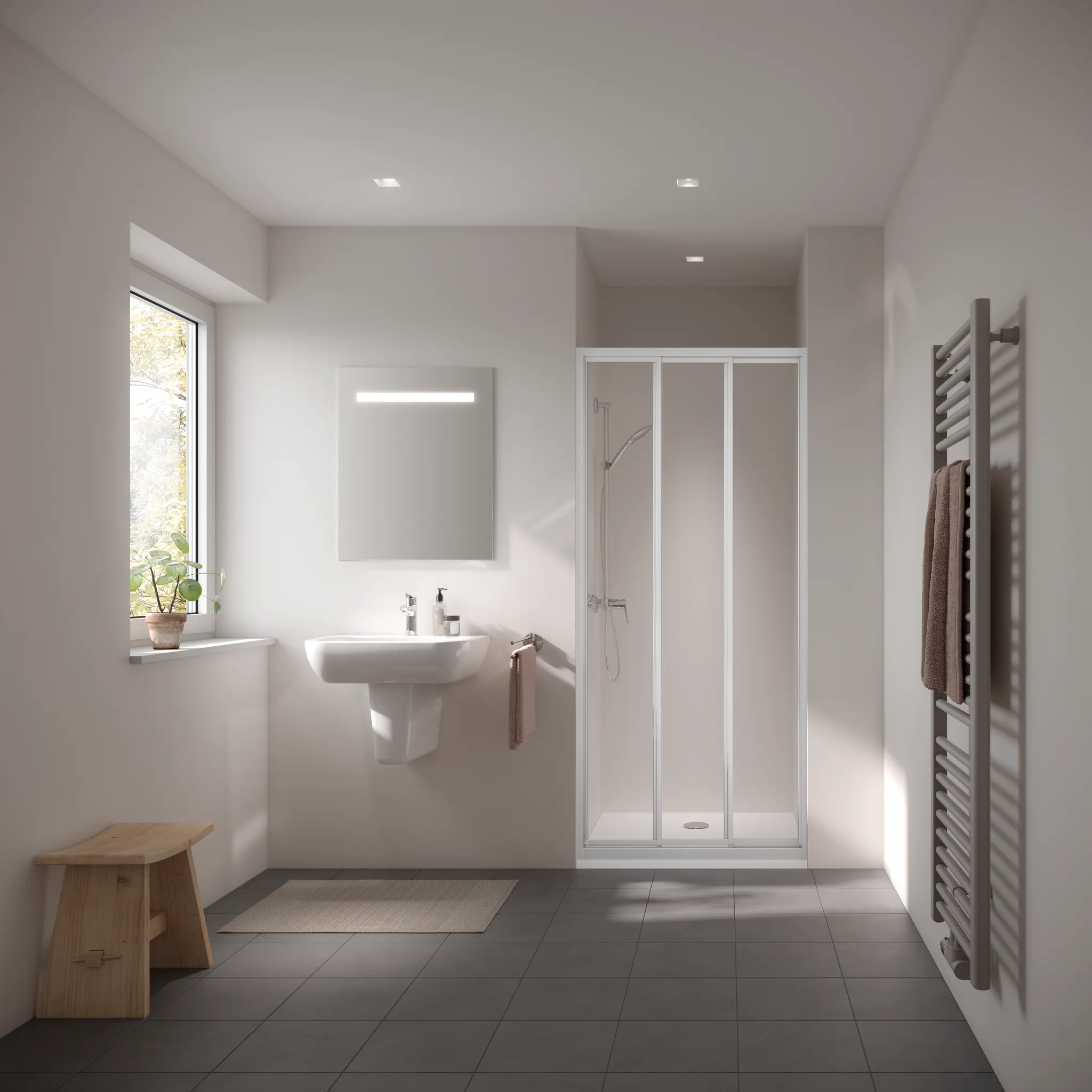 Kermi Duschtür Gleittür 3-teilig für Nische und Ecke „IBIZA 2000“ 185 cm Glas Klar, Profile Silber Mattglanz, Anschlag links und rechts, Schiebetür dreiteilig