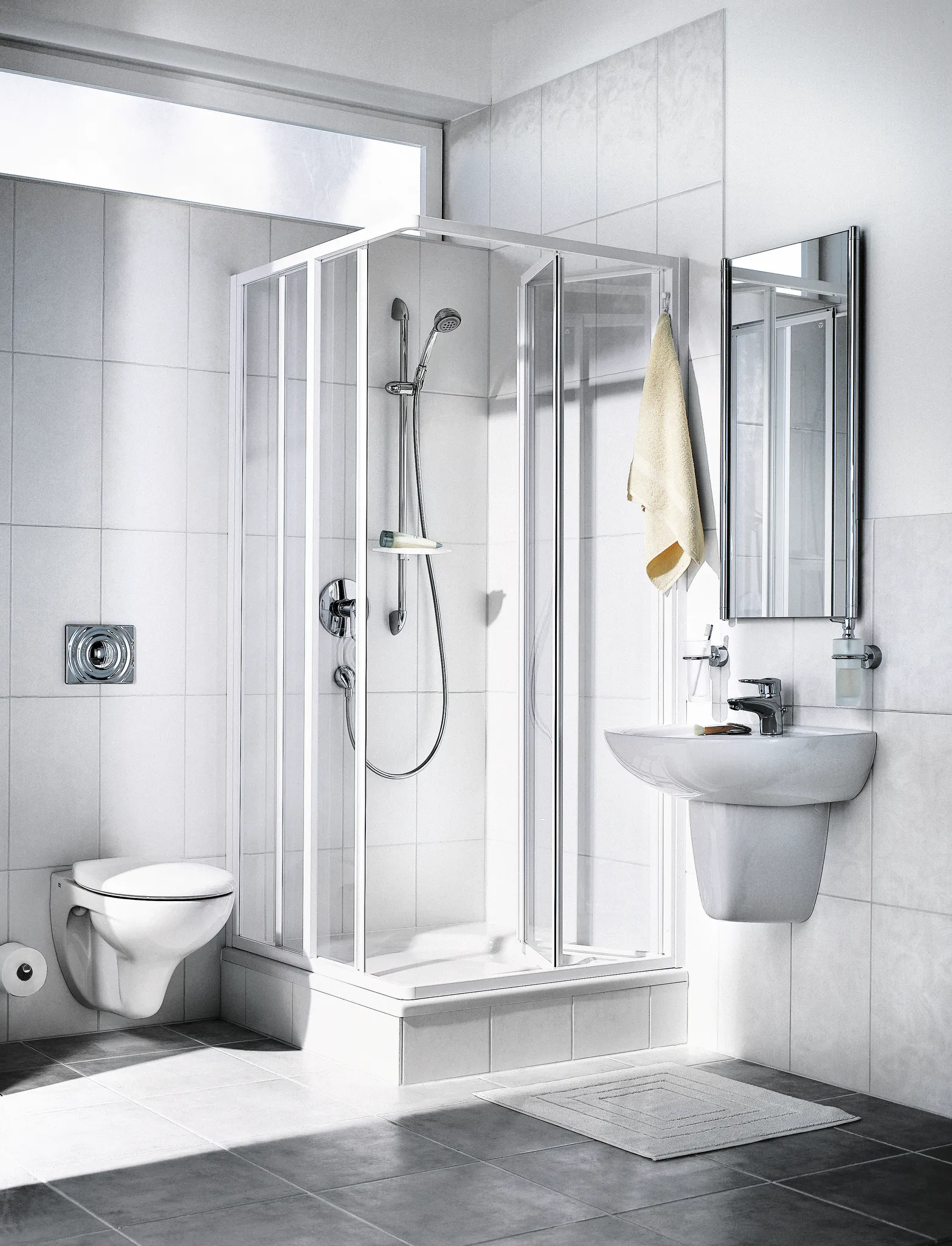 Kermi Duschtür Eckeinstieg 2-teilig (Falttür) Halbteil „IBIZA 2000“ 175 cm Glas Klar, Profile Silber Mattglanz, Anschlag links und rechts, Falttür