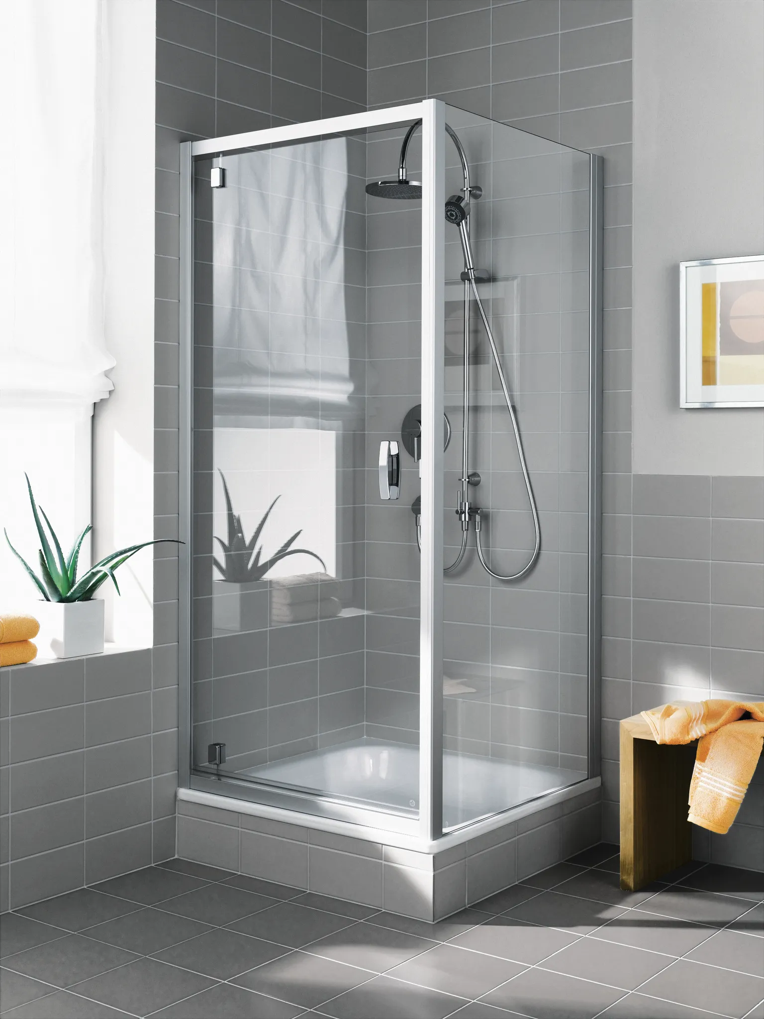 Kermi Duschtür Schwingtür mit versetztem Drehpunkt für Nische und Ecke „IBIZA 2000“ 175 cm Glas Klar, Profile Silber Mattglanz, Anschlag links und rechts, Drehtür einteilig