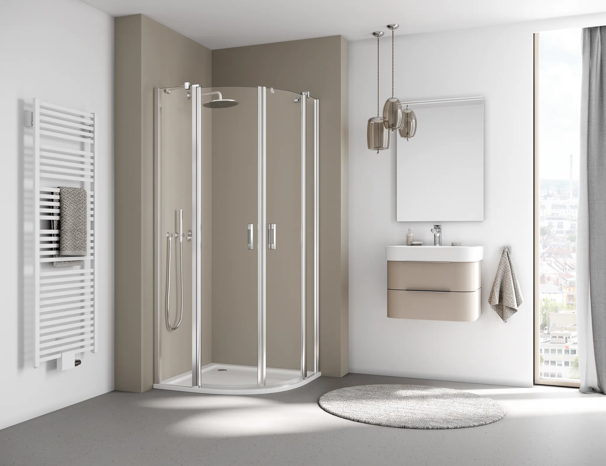 Kermi Duschtür Viertelkreis-Duschkabine Pendeltüren mit Festfeldern für Nische und Ecke „LIGA“ 185 cm Profile Silber Mattglanz, Drehtür zweiteilig