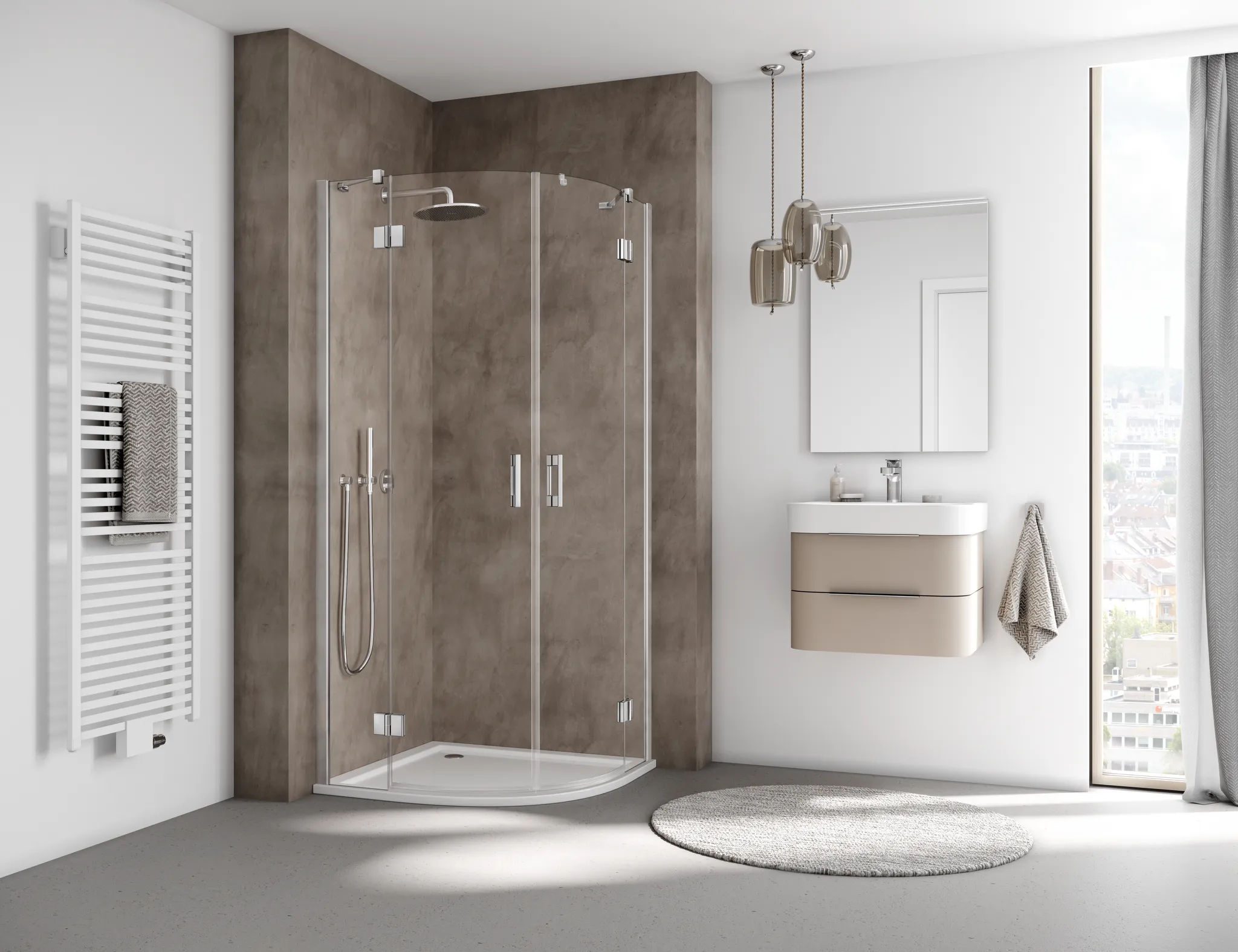 Kermi Duschtür Viertelkreis-Duschkabine Schwingtüren mit Festfeldern mit Wandprofil „LIGA“ 200 cm Profile Silber Hochglanz, Drehtür mit festem Paneel