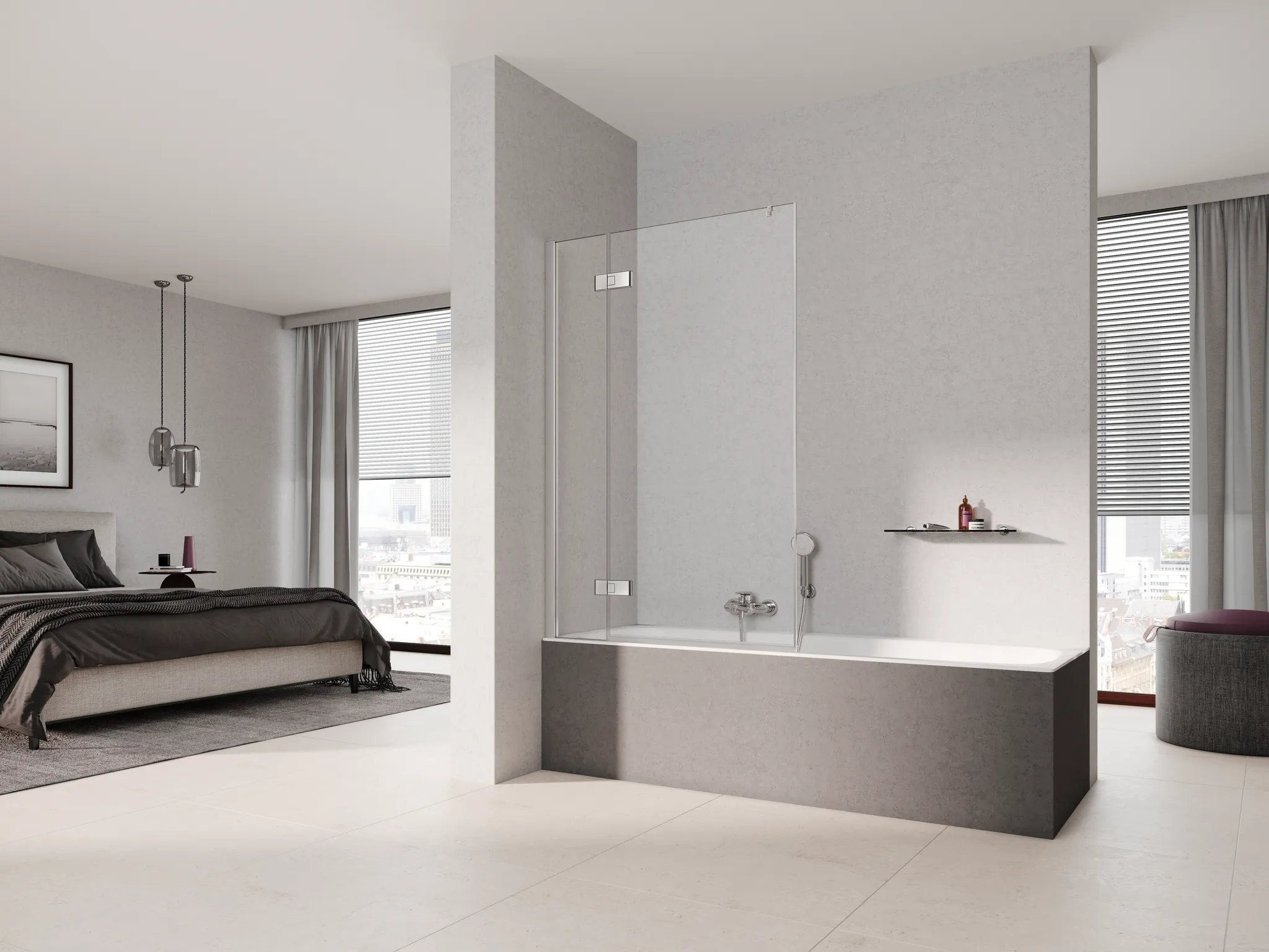 Kermi Duschtür Pendelflügel mit Festfeld mit Wandprofil links „MENA“ Glas Klar, Profile Silber Hochglanz, BV: 780 - 800 mm H: 1500 mm