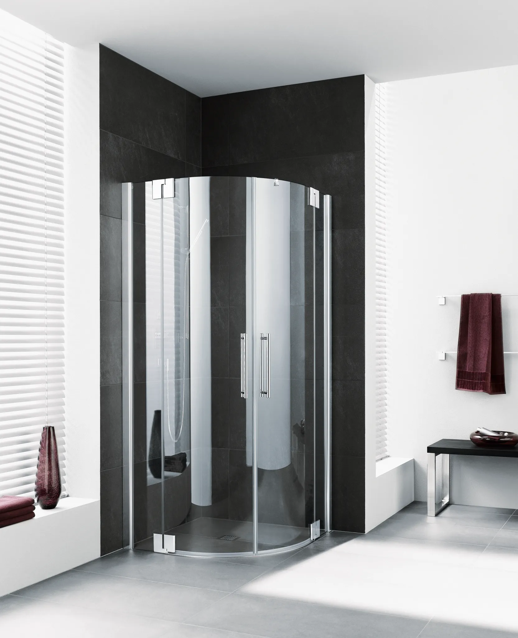 PASA XP PXP55 Viertelkreis-Duschkabine (Pendeltüren mit Festfeldern), Höhe 1850 mm, Wanneneinbaumaß 880-910 mm, Breitenverstellmaß 870-900 mm, Glasaußenkante 855-885 mm, Farbe Silber Mattglanz, Glas ESG Klar