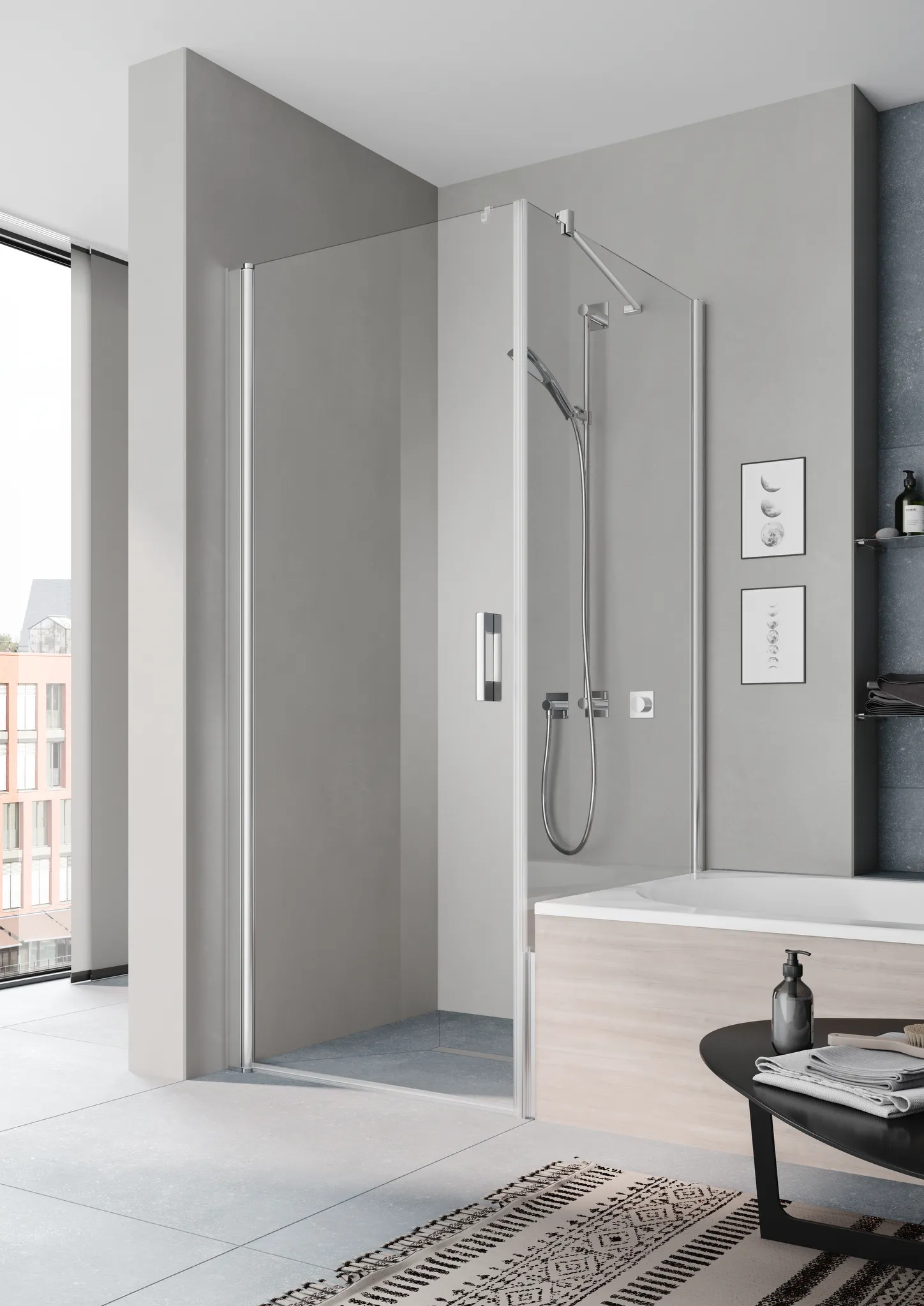 Kermi verkürzte Seitenwand neben Badewanne für Ecke „PEGA“ Glas Klar, BV: 665 - 690 mm WE: 675 - 700 mm H: 1600 mm