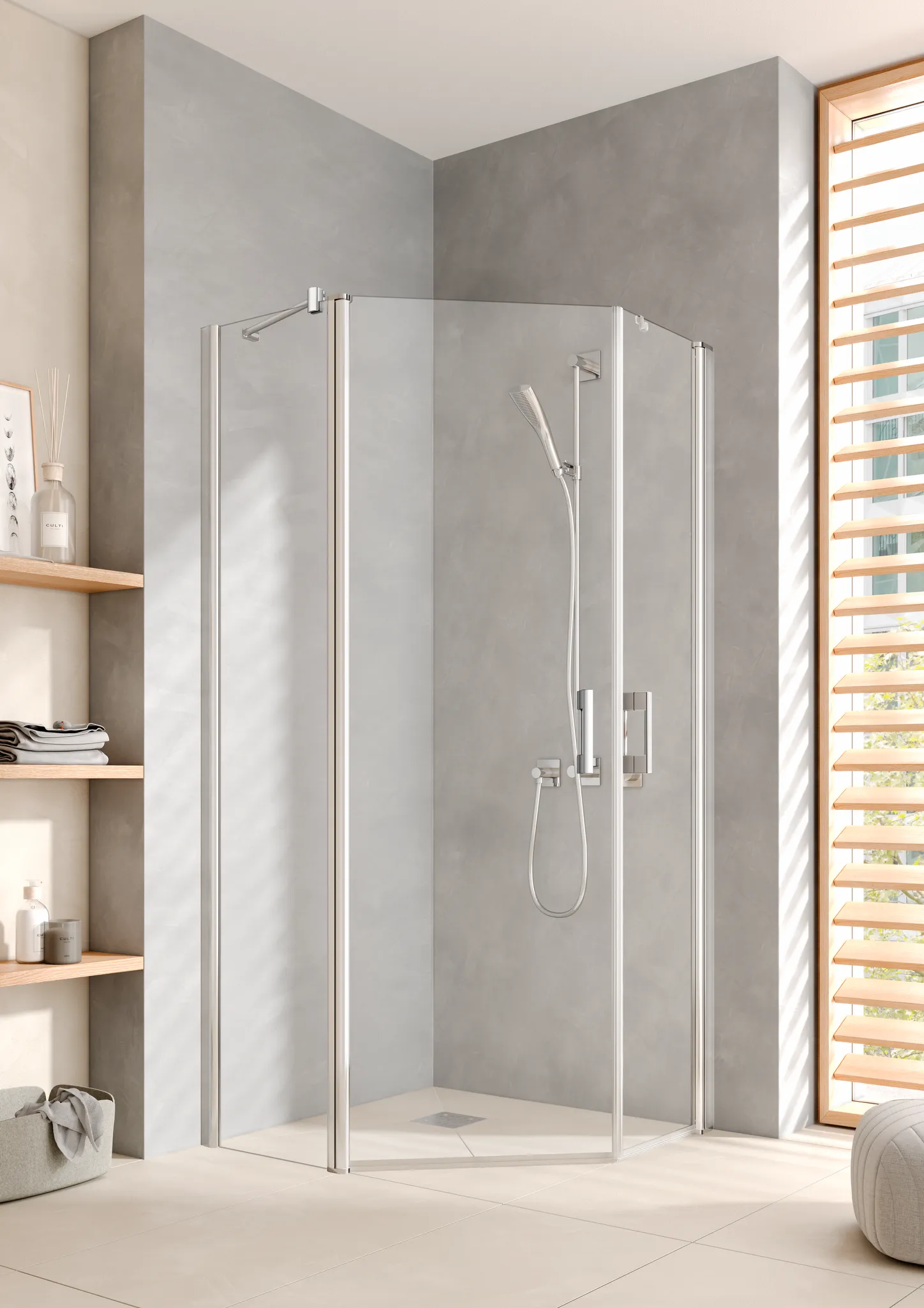 Kermi Duschdesign Fünfeck-Duschkabine mit Pendeltüren mit Festfeld links „PEGA“ Glas Klar, BV: 865 - 890 mm GAK: 850 - 875 mm WE: 875 - 900 mm H: 1850 mm